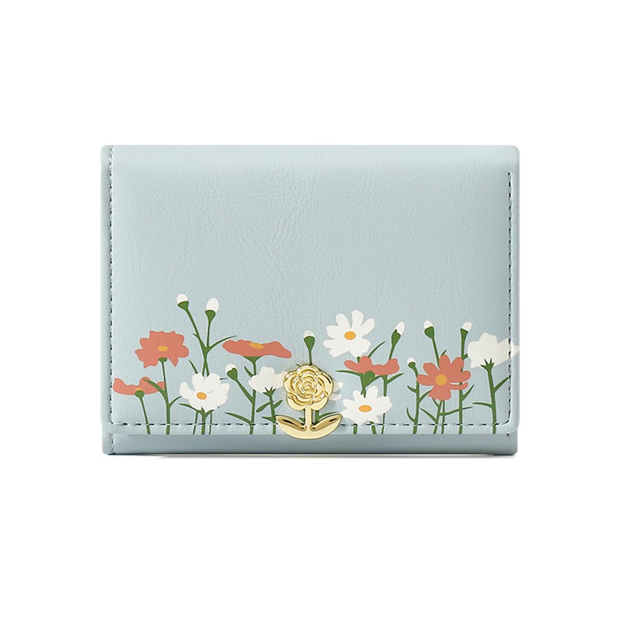 [Haffukiry] 三つ折り財布 レディース 大容量 使いやすい カードケース 小型 PUレザー カード8枚入れ 多機能 ミニ 財布 花柄 人気 薄い ウォレット（ブルー）
