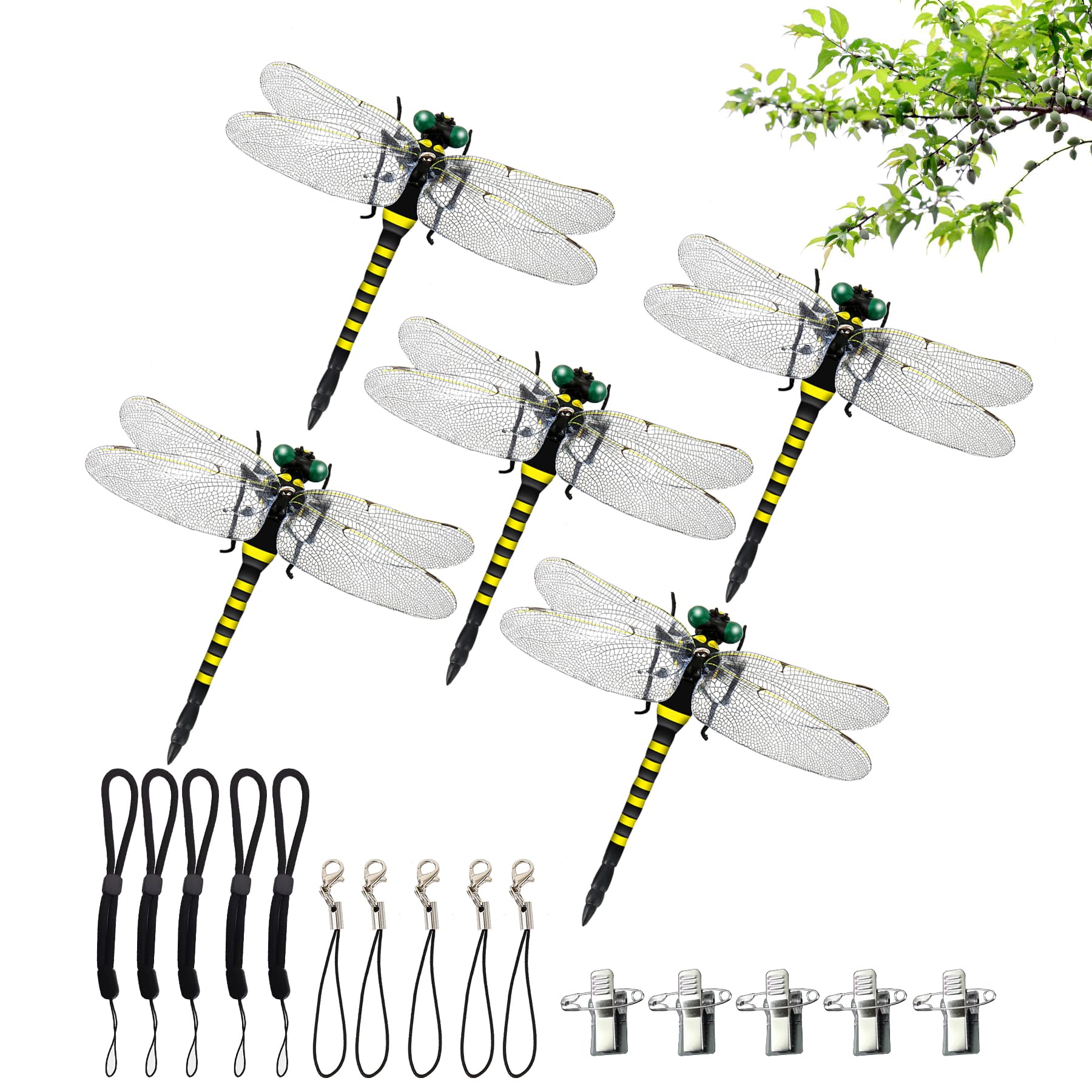 DAIDAIZAI 虫除けトンボ 虫除けグッズ 正規品 大きい 12cm 本物サイズ 5匹セット 安全ピン 伸縮ストラップき 昆虫 虫 蜻蛉 動物 模型 登山 トンボ キャンプ 釣り 衣服 玄関 室内装飾など 5匹入り（イエロー・ブラック）
