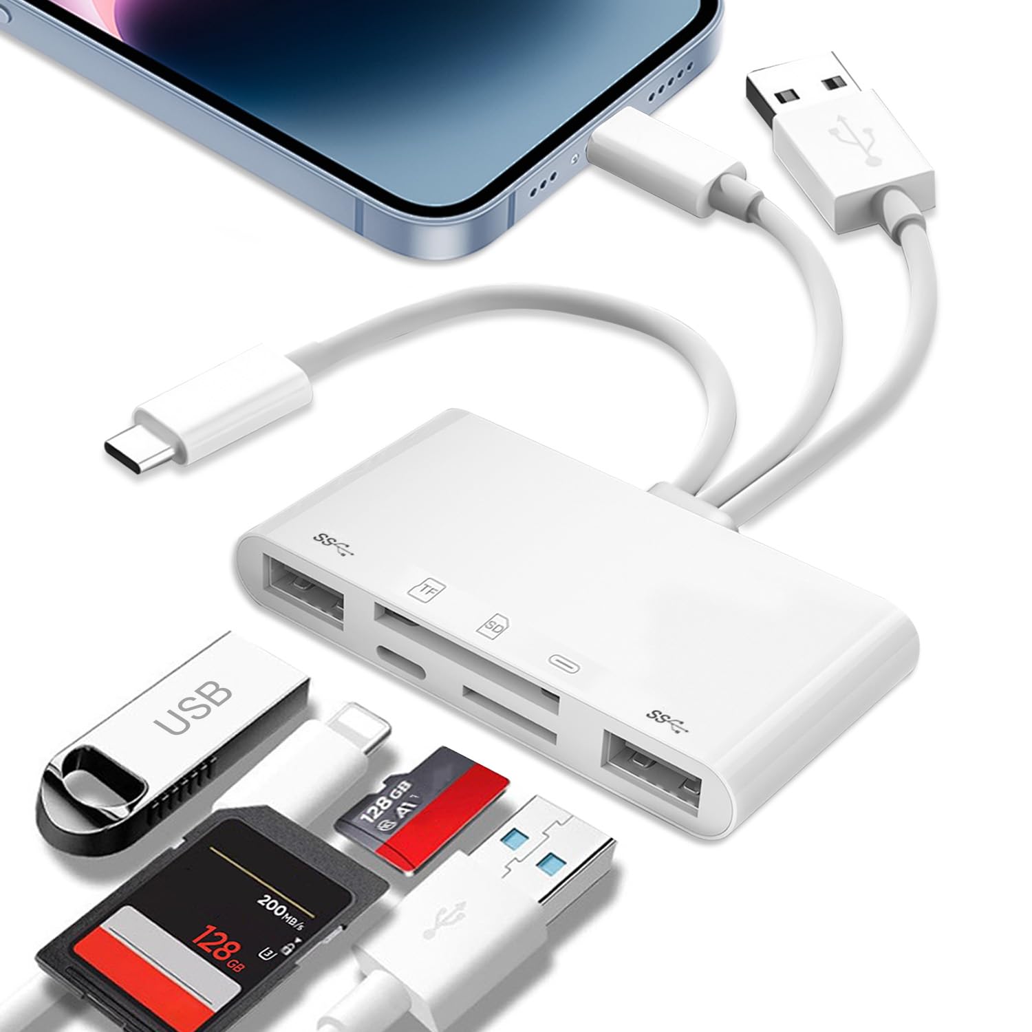 SDカードリーダー 5in3 i-Phone/Type-c/USB 三線一体型多機能カードリーダー USB/SD/TFカード 変換アダプタ 0TG機能 写真/ビデオ/資料 双方向高速転送 設定不要 i-Phone/Android/i-pad/PC/デジカメ