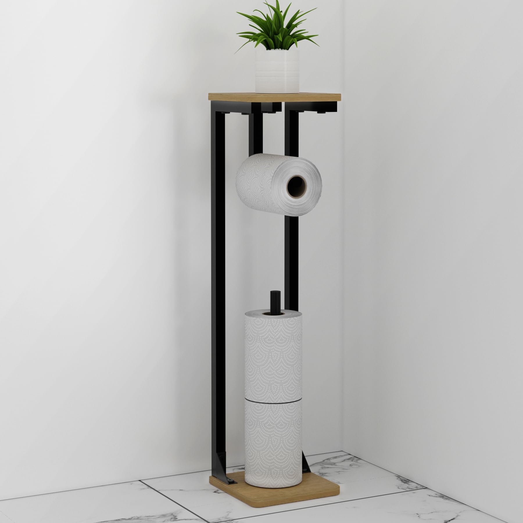 Druviaトイレットペーパーホルダー スタンド型 予備収納付き トイレ収納ラック 防水木製天板 金属フレ..