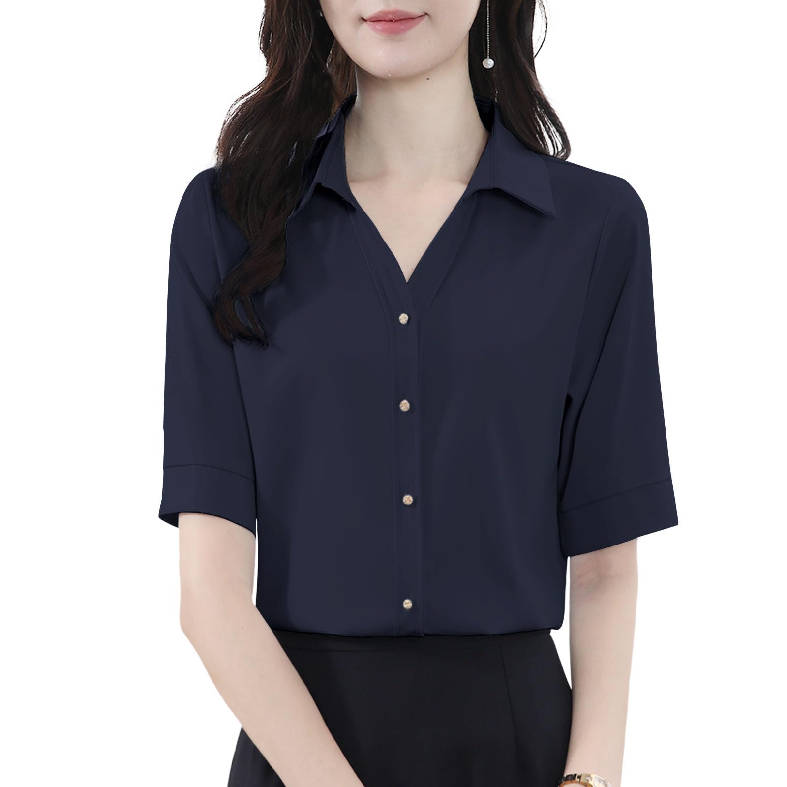 [Bidason] ブラウス レディース シャツ 半袖 トップス 無地 シンプル 大人 おしゃれ ボタン付き ゆる感 着痩せ 体型カバー スッキリ 着回し力 薄手 通気 ワイシャツ 洗える 日常 通勤 夏