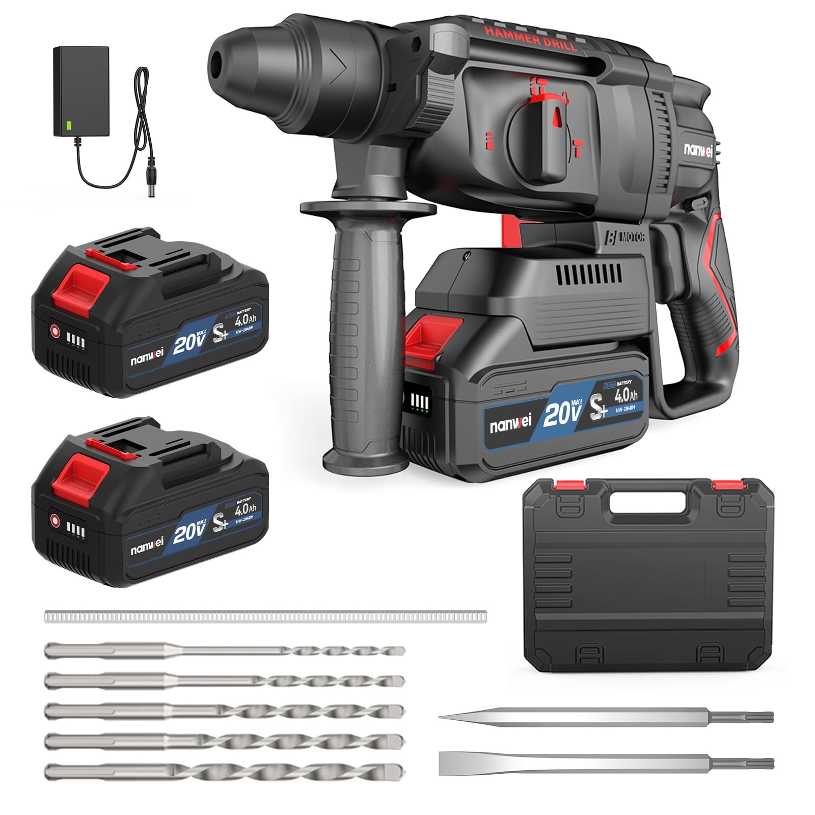 NANWEI 充電式ハンマードリル マキタ18Vバッテリー対応 ブラシレスモーター コードレスハンマードリル 振動ドリル SDS-PLUS 正逆転 無段変速 一台三役 4.0Ah電池2個付き 石材・壁・金属・木材の穴あけ ハツリ（斫り）工事