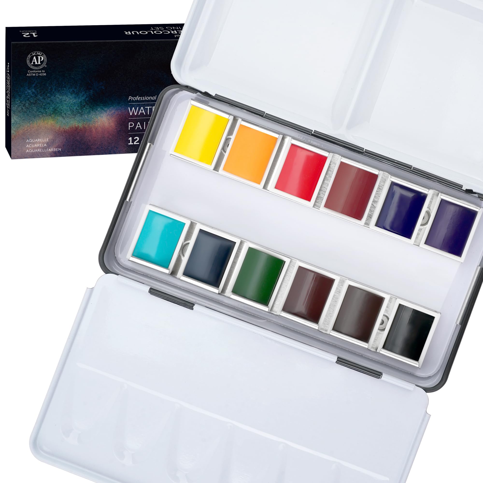 Rakuten - PHOENIX プロフェッショナル水彩絵具セット ・ 12色ハーフパン クラシック色 専門品質ピグメント水彩/パレット付きのブリキ箱入り - コンパクト携帯に便利トラベルセット