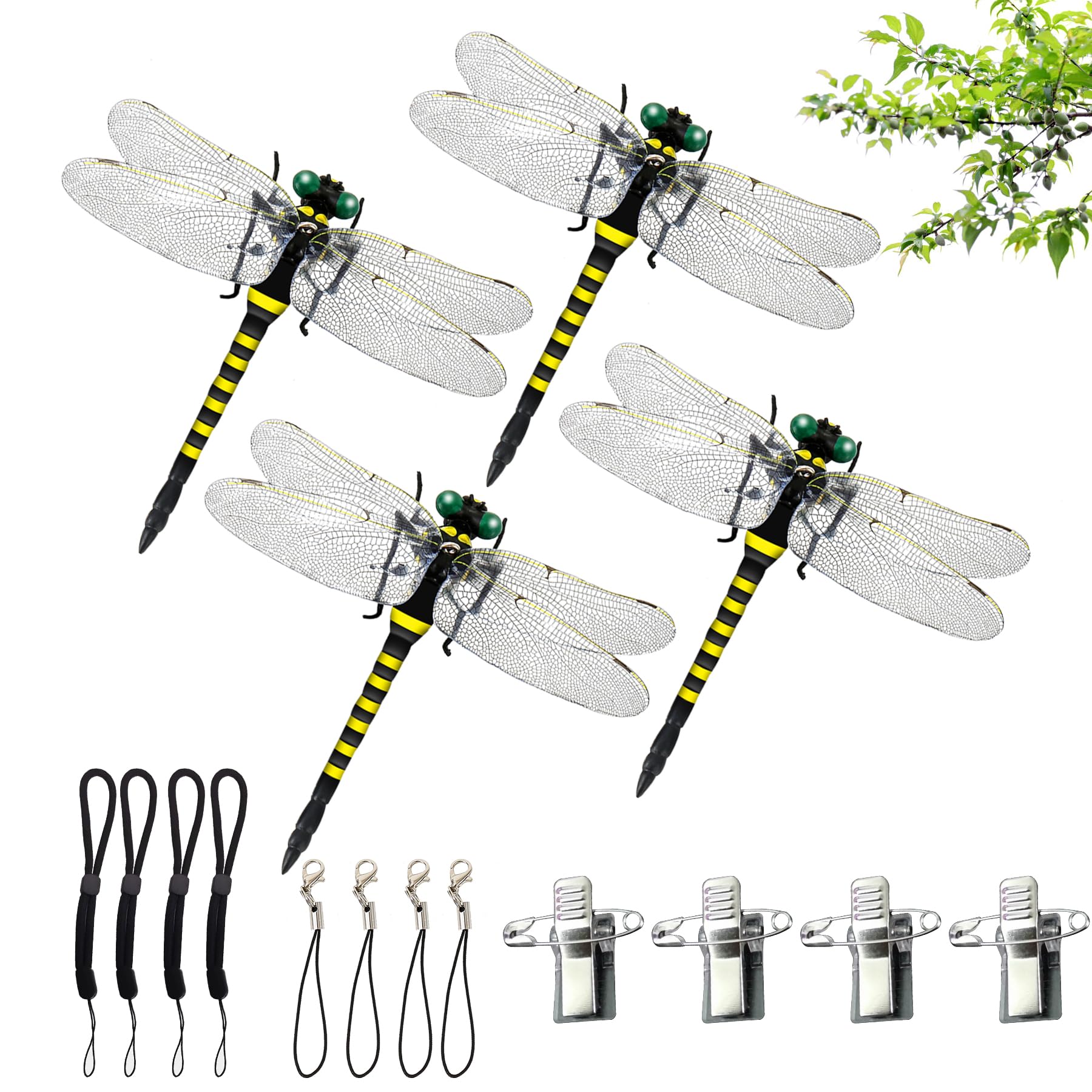 DAIDAIZAI 虫除けトンボ 虫除けグッズ 正規品 大きい 12cm 本物サイズ 4匹セット 安全ピン 伸縮ストラップき 昆虫 虫 蜻蛉 動物 模型 登山 トンボ キャンプ 釣り 衣服 玄関 室内装飾など 4匹入り（イエロー・ブラック）
