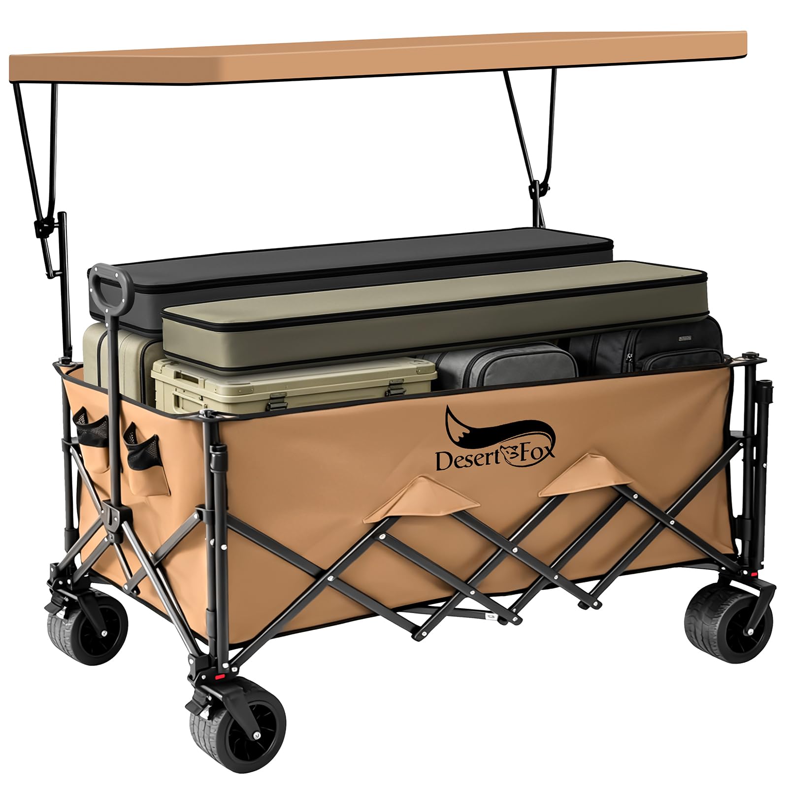 DesertFox キャリーワゴン キャリーカート 特大容量500L 高耐荷重200kg 長物対応【荷室の長さ116cm】 【10CM極太タイヤ ブレーキ付】【取り外し/折りたたみ可能屋根付き 防雨 防紫外線 防雪】【テーブル チェア対応屋根】静音 収束型
