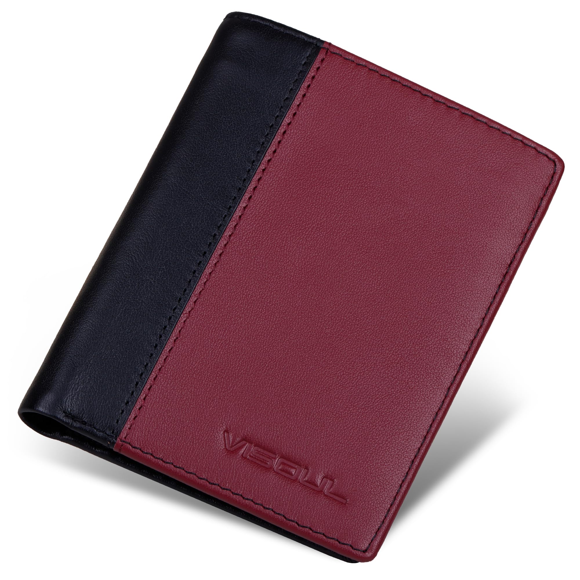 [VISOUL] 財布 メンズ 二つ折り 本革 11枚カード入れ 写真入れポケット 小銭入れなし 免許証入れ 超薄型 大容量 牛革 札入れ 小銭入れなし 2つ折り人気 一流の革職人が作る 高級 イタリア レザーレッド・ブラック