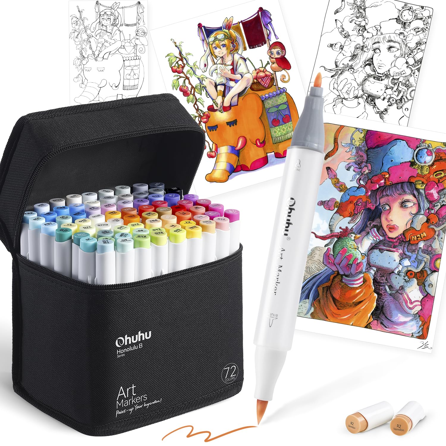 Ohuhu マーカーペン 筆タイプ 72色73本 プロ愛用 イラスト イラストマーカー 筆・細字 ブレンダーペン1本付き Honolulu Bシリーズ...