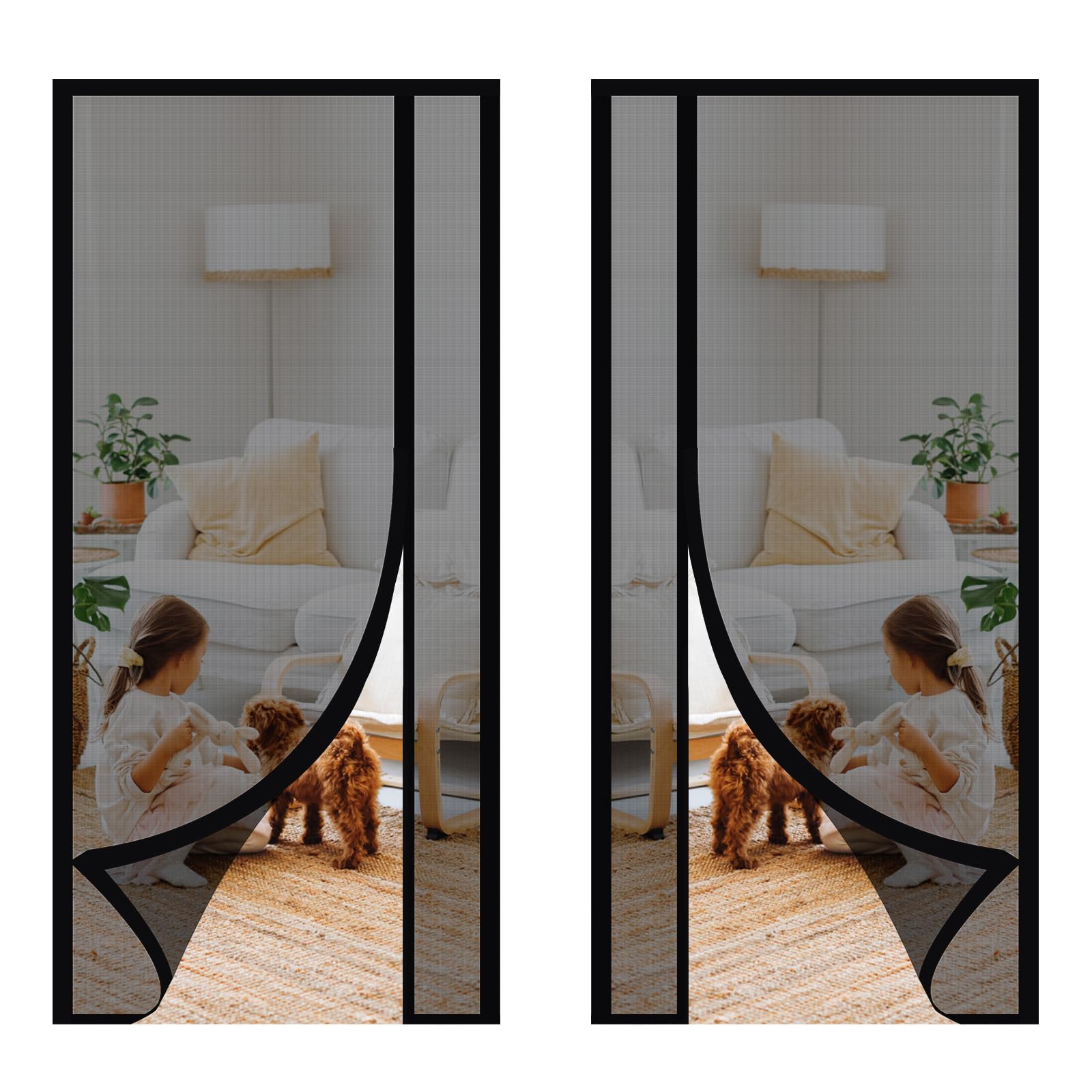 Sekey 玄関 網戸 サイド開き 86cm×206cm 左右開き両対応 高強度ガラス繊維 網戸 マグネット ペット対応 下部重り入り 虫よけ 換気 リビング 玄関 ベランダ テラス 店舗施設用 黒