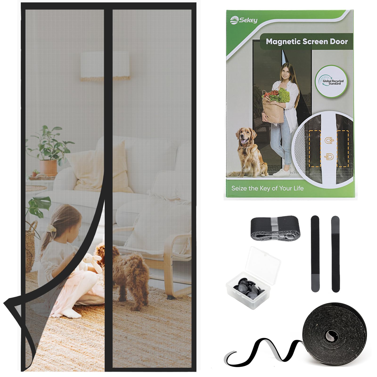 Sekey 玄関 網戸 センター開き 86cm×206cm 高強度のガラス繊維 網戸 マグネット ペットの対応 収納バント付きでオフシーズンも楽々 下部重り入り 虫よけ 換気 リビング 玄関 ベランダ テラス 店舗施設用 黒