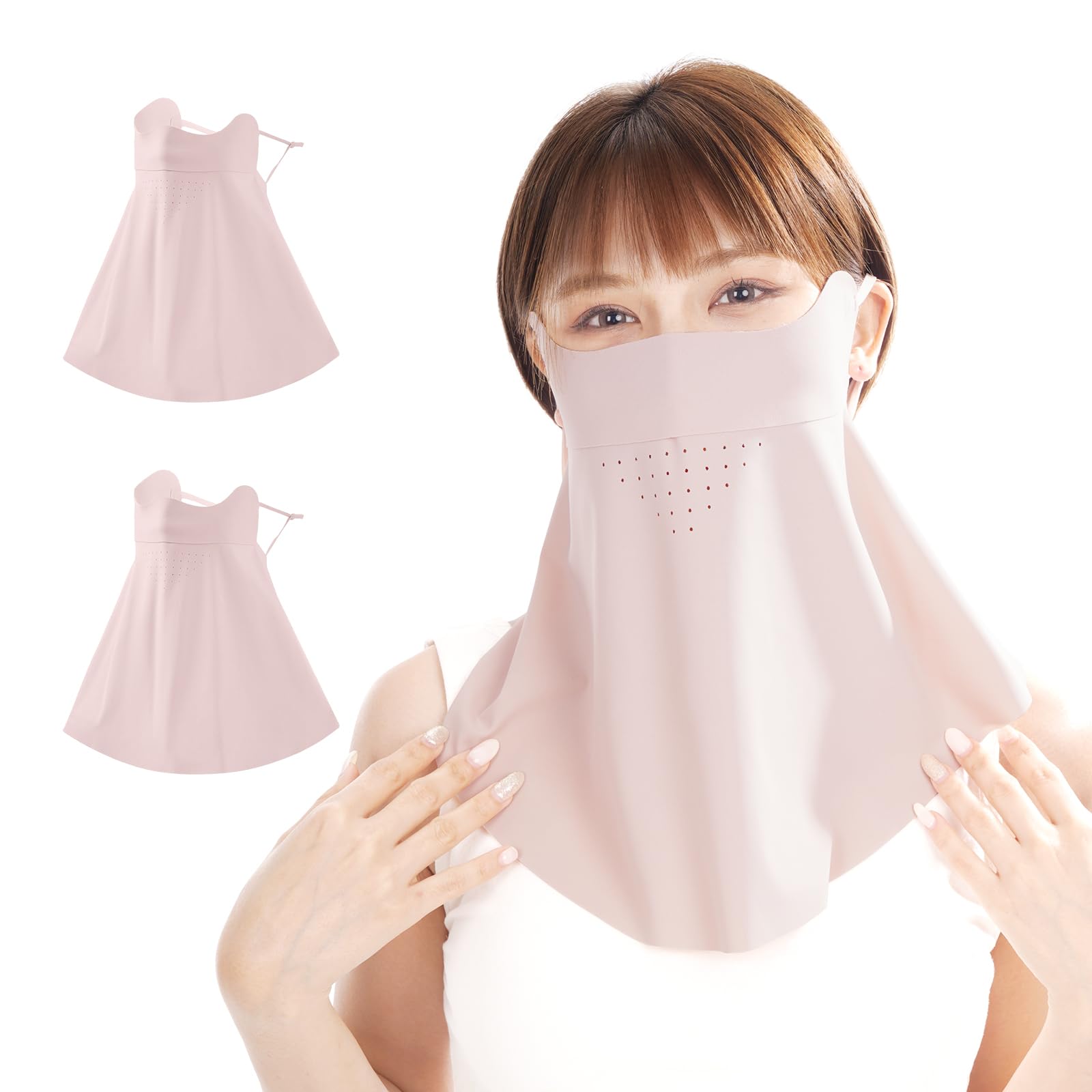 [MIZIKIRIN] 2025夏新登場 冷感 フェイスカバー 日除けマスク フェイスガード 【特許出願 30個呼吸穴 息苦しくない】 UVカットマスク UPF50+ 調節可能 アウトドア スポーツ バイク キャンプ ゴルフ 長め2枚 ピンク 男女兼用