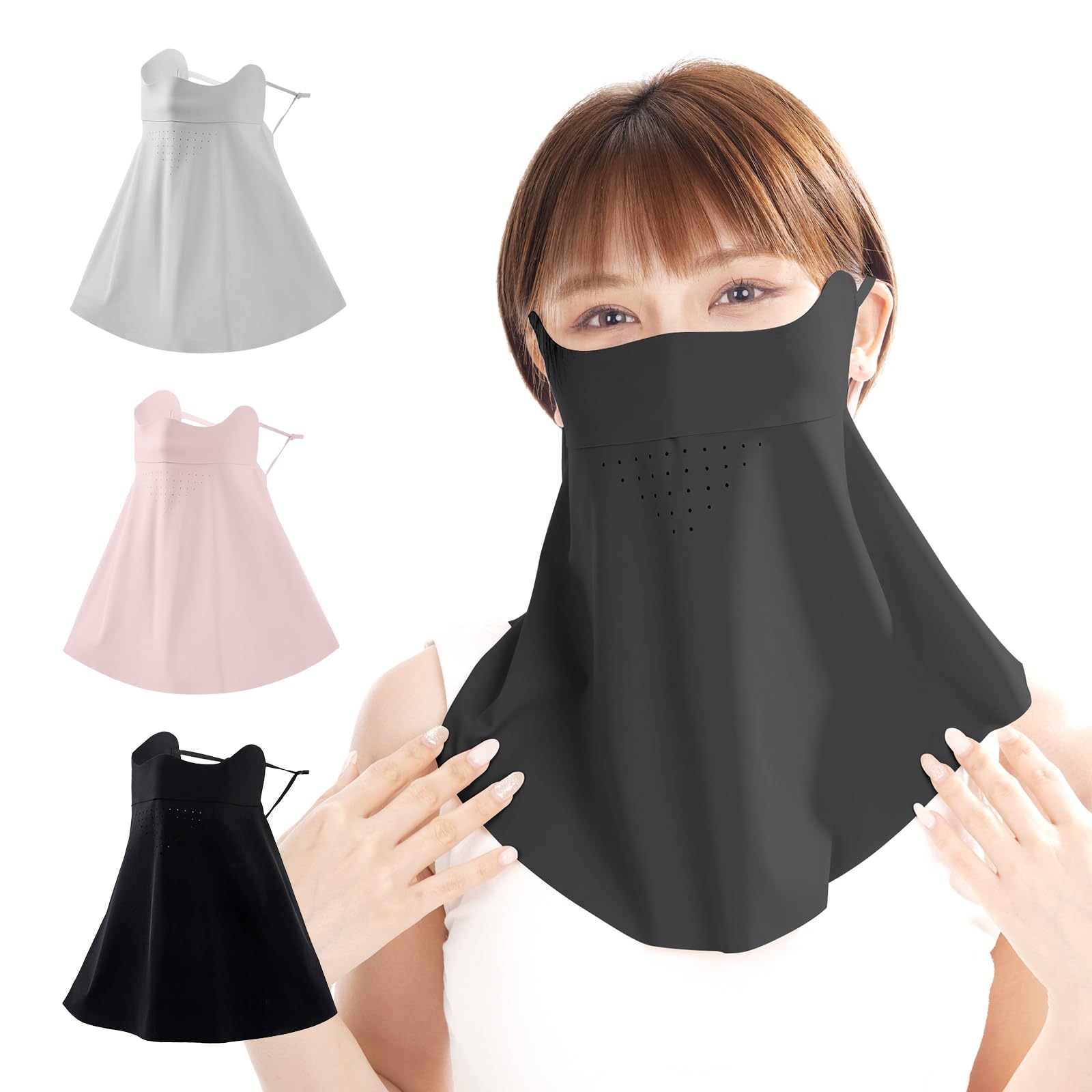 [MIZIKIRIN] 2025夏新登場 冷感 フェイスカバー 日除けマスク フェイスガード 【特許出願 30個呼吸穴 息苦しくない】 UVカットマスク UPF50+ 調節可能 アウトドア スポーツ バイク キャンプ ゴルフ 長め1枚 ブラック 男女兼用