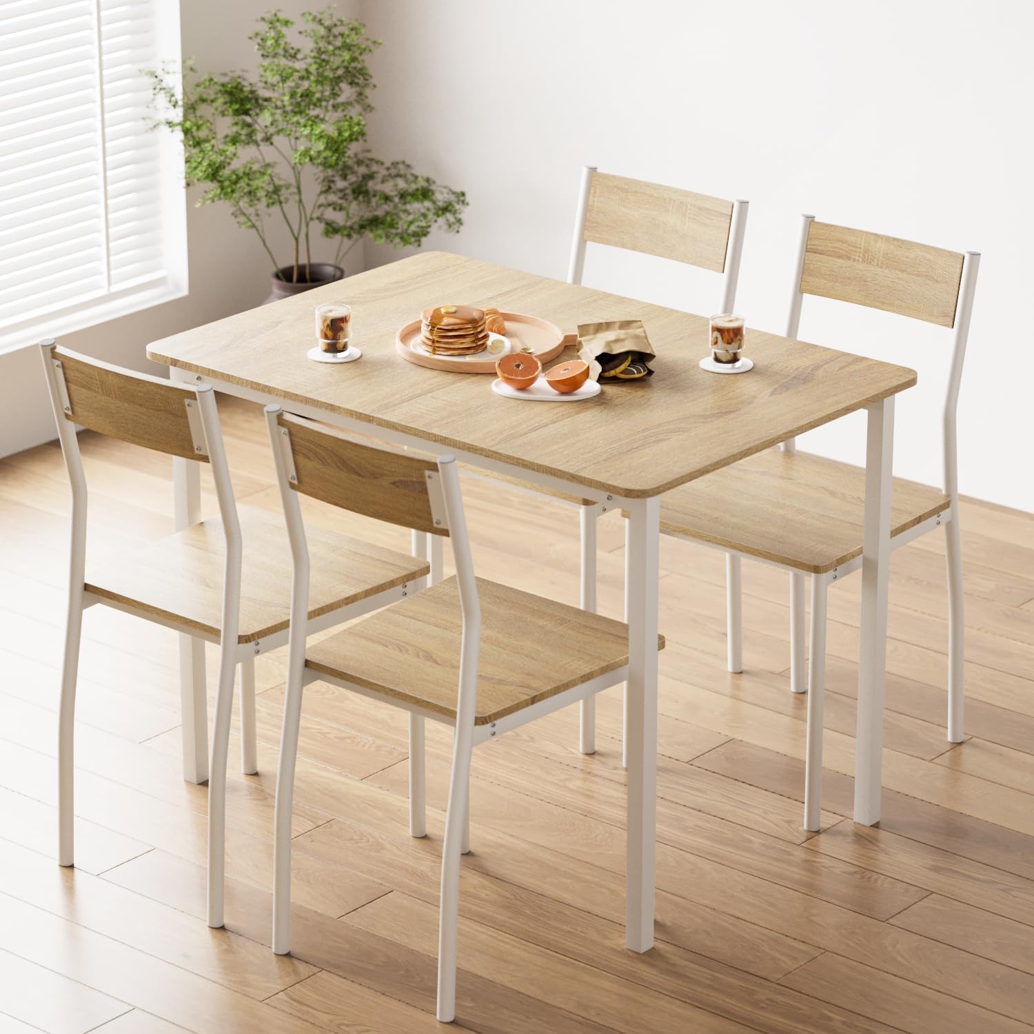 Rakuten - kukeimaru ダイニングテーブルセット 食卓テーブル 4人用 5点セット テーブル 1点 チェア 4脚 木製 スチール 4人掛け 幅110×奥行70×高さ75cm ナチュラル×ホワイト