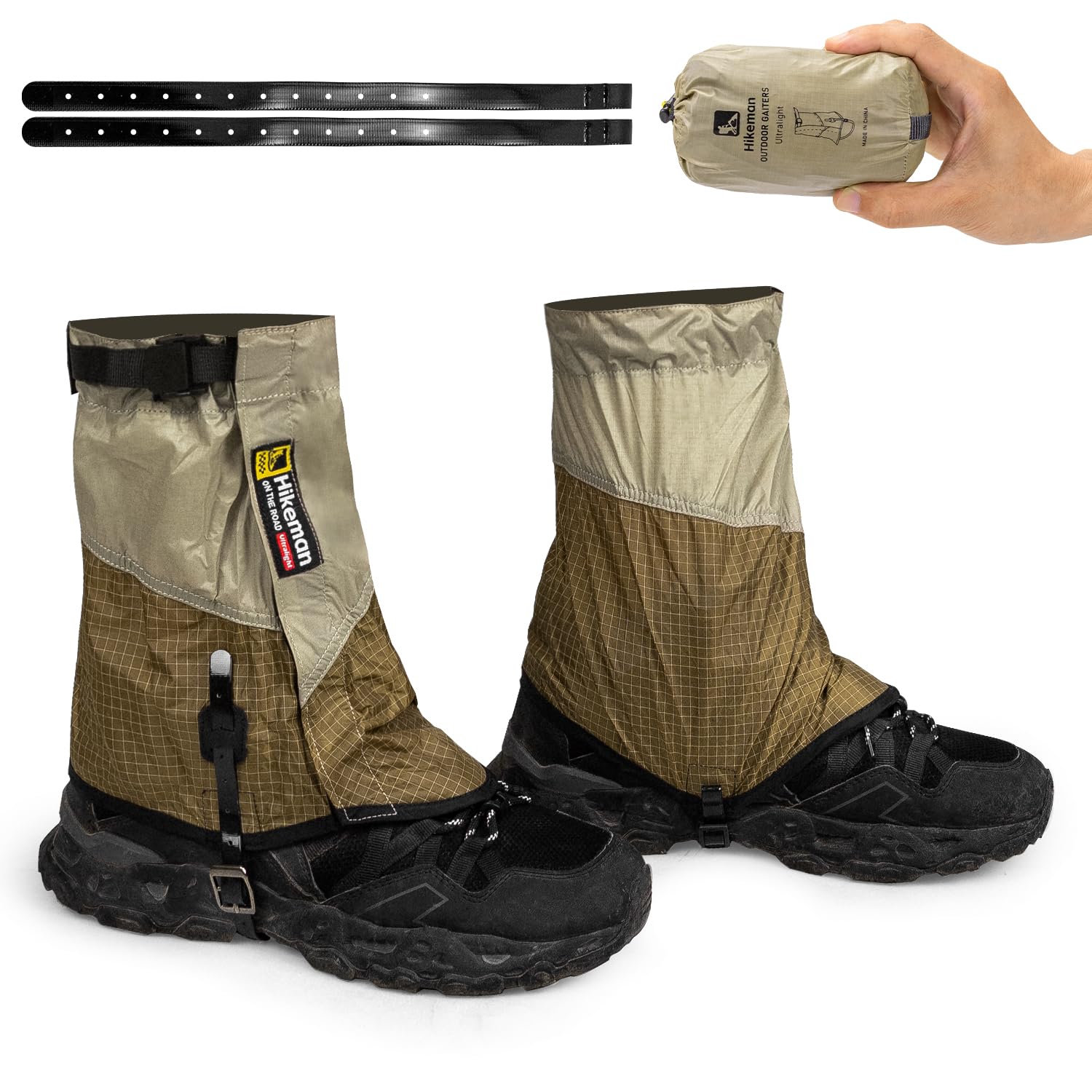 ゲイター ショート 登山 防水 軽量 交換用TPUベルト付き 高耐久性 着脱簡単 汚れ防止 泥除け 砂よけ 悪天候に対応 収納袋付き アウトドア 作業用 釣り キャンプ ハイキング (カーキ, M)