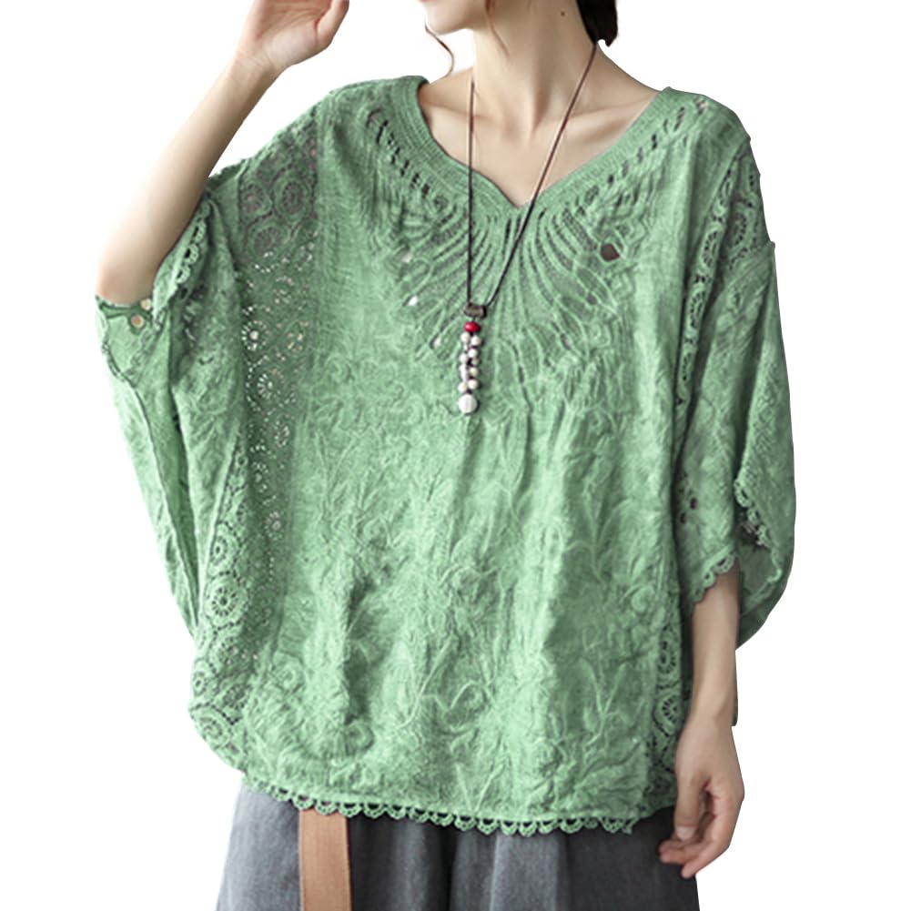 [Bidason] ブラウス レディース レース シャツ ドルマンスリーブ Vネック 半袖 コットン UVカット 冷房対策 ゆったり 体型カバー 大人抜け感 可愛い おしゃれ 知的 カジュアル 普段着 夏