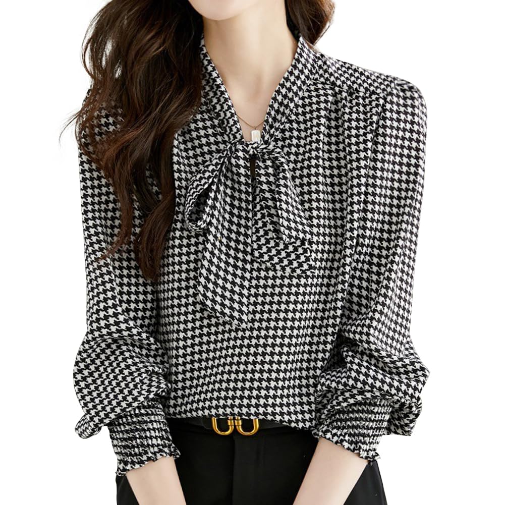 [Bidason] 千鳥柄 ブラウス レディース シャツ 長袖 リボン付き おしゃれ エレガント 可愛い 上品 パフスリーブ 女性らしい ゆる感 着痩せ 着回し力 普段着 トップス 通勤 デート 秋 冬