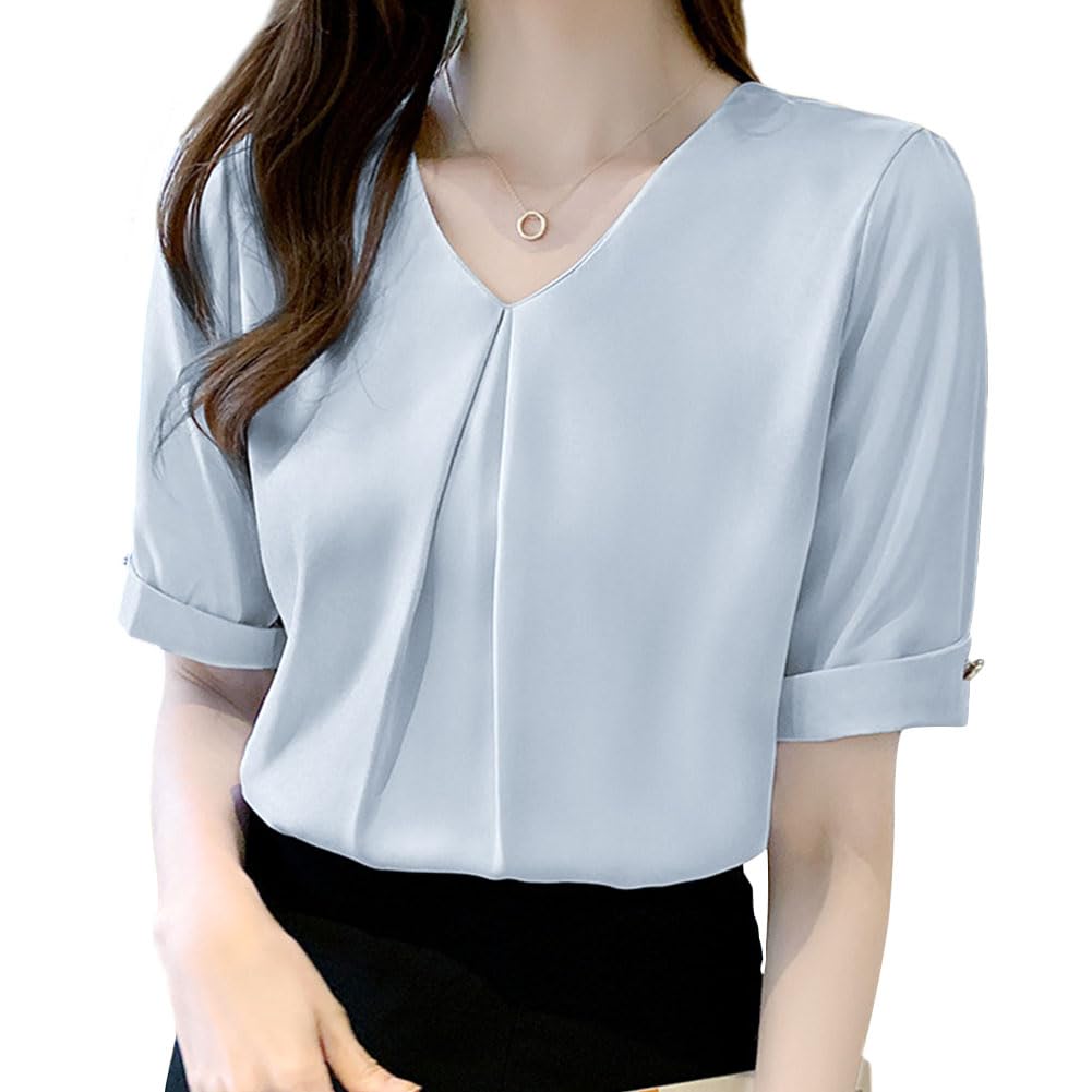 Rakuten - [Bidason] ブラウス レディース 半袖 シフォン シャツ Vネック 夏 ゆったり 着痩せ タック カジュアル 体型カバー きれいめ お洒落 可愛い スッキリ 洗える トップス 通勤 デート 夏