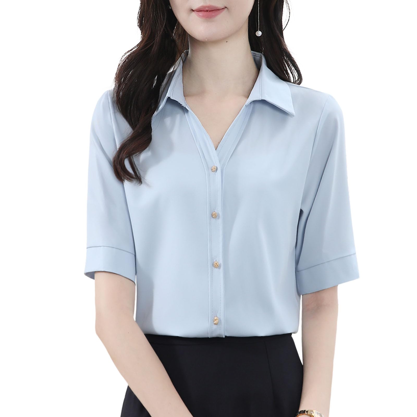[Bidason] ブラウス レディース シャツ 半袖 トップス 無地 シンプル 大人 おしゃれ ボタン付き ゆる感 着痩せ 体型カバー スッキリ 着回し力 薄手 通気 ワイシャツ 洗える 日常 通勤 夏
