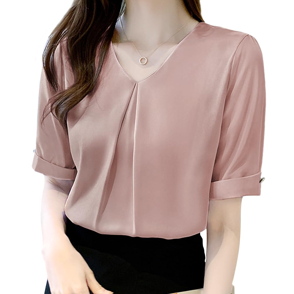 [Bidason] ブラウス レディース 半袖 シフォン シャツ Vネック 夏 ゆったり 着痩せ タック カジュアル 体型カバー きれいめ お洒落 可愛い スッキリ 洗える トップス 通勤 デート 夏