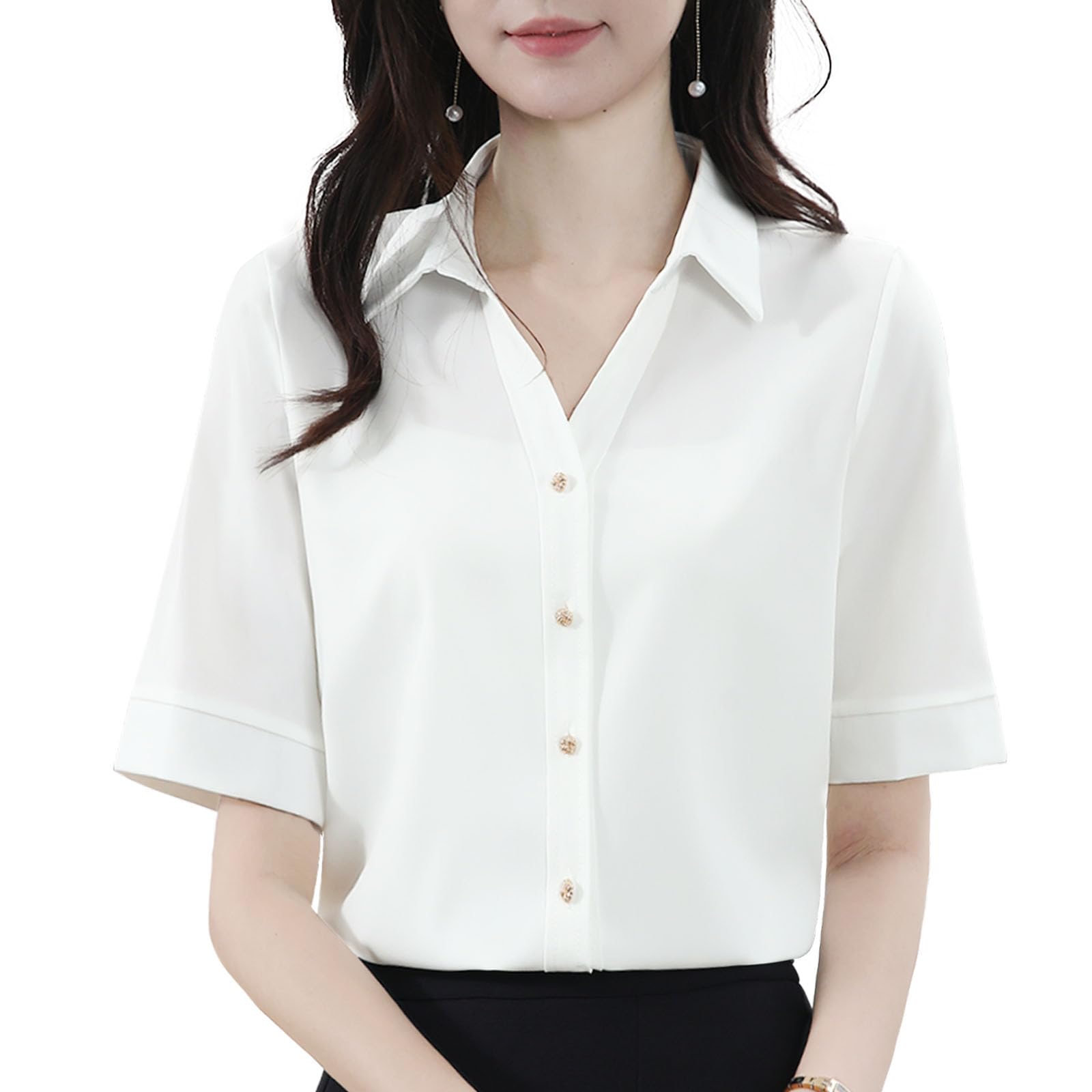 [Bidason] ブラウス レディース シャツ 半袖 トップス 無地 シンプル 大人 おしゃれ ボタン付き ゆる感 着痩せ 体型カバー スッキリ 着回し力 薄手 通気 ワイシャツ 洗える 日常 通勤 夏
