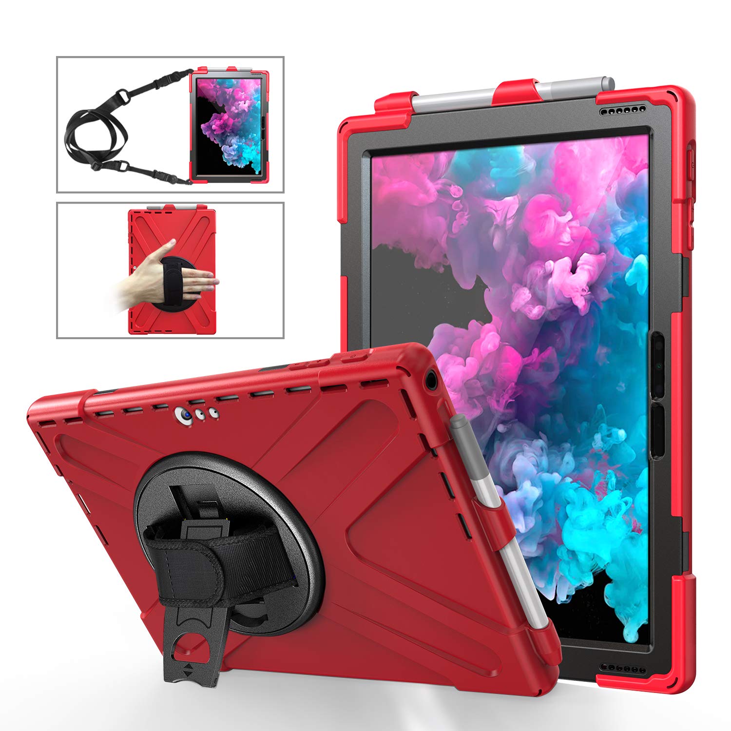 Rakuten - 360度回転 Surface Pro 7/Pro7+/Pro 6/Pro 5/Pro 4 ケースカバー 耐衝撃 スタンド機 ペンホルダー付き タフで頑丈 2重構造 スタンド ハンドストラップ 肩掛けー ショルダーストラップ 片手持ち サーフェスプロ7/7+