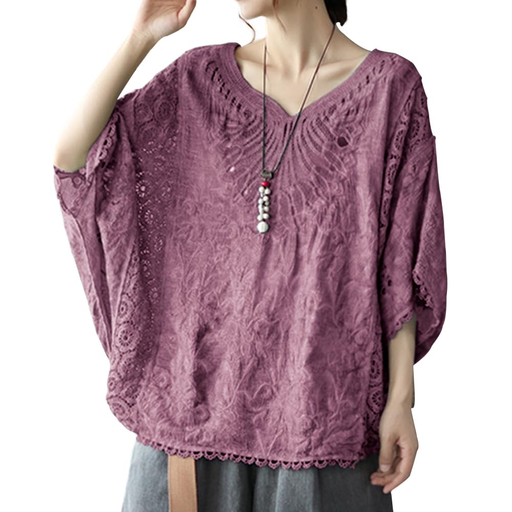 [Bidason] ブラウス レディース レース シャツ ドルマンスリーブ Vネック 半袖 コットン UVカット 冷房対策 ゆったり 体型カバー 大人抜け感 可愛い おしゃれ 知的 カジュアル 普段着 夏
