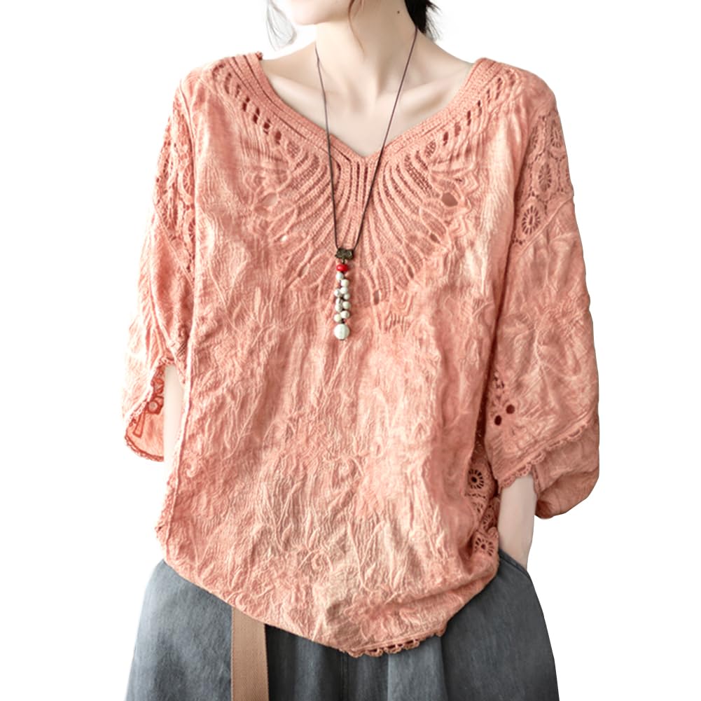 [Bidason] ブラウス レディース レース シャツ ドルマンスリーブ Vネック 半袖 コットン UVカット 冷房対策 ゆったり 体型カバー 大人抜け感 可愛い おしゃれ 知的 カジュアル 普段着 夏