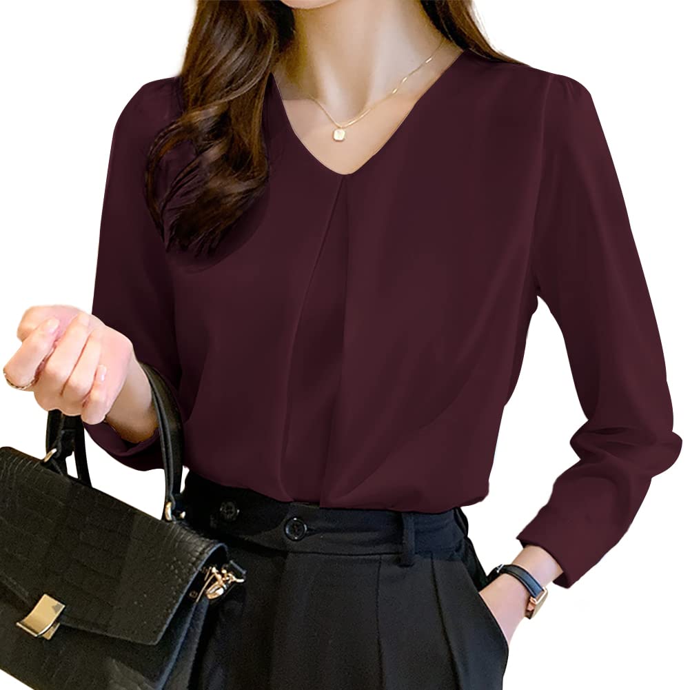 [Bidason] ブラウス レディース 長袖 シフォン シャツ Vネック ゆったり 着痩せ タック カジュアル 体型カバー きれいめ おしゃれ 可愛い スッキリ洗える トップス 通勤 デート 秋 冬