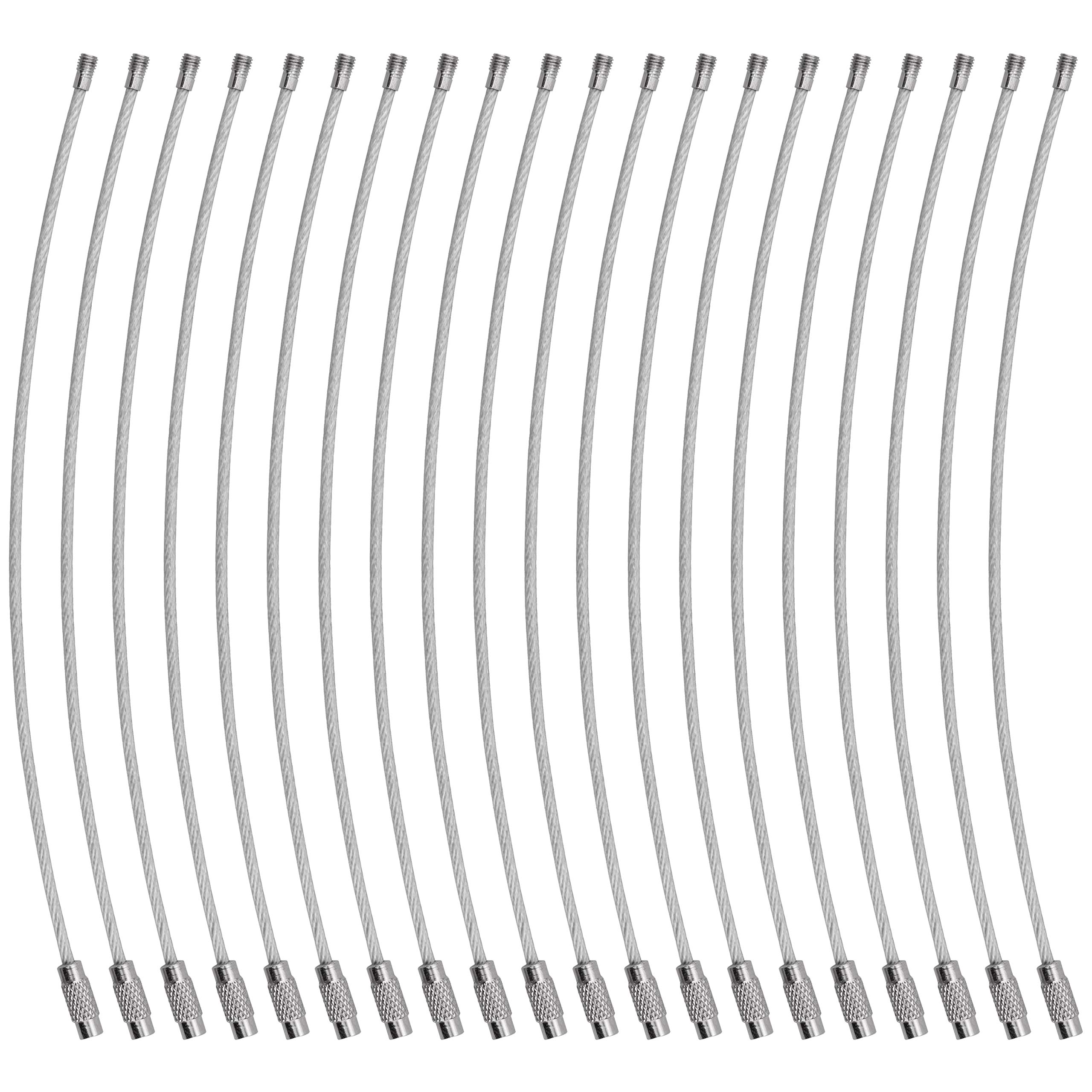 ・【製品仕様】材質：ステンレス鋼＋ナイロン　重量：約2g（1本当たり）　サイズ/全長：16cm ワイヤーの直径：線径約2mm ねじ約3.2mm　リングにした時の直径：5.0・5.5cm・【梱包内容】お得なシルバーの20本セットなので、コスパが良く、ありとあらゆる事に利用して使っていただけて、使い勝手は良いです。・【優れた品質】ワイヤーの芯の部分はステンレス鋼素材で、頑丈で長持ちになれます。長時間使用しても、錆びる心配がなく、安心できます。表面は丈夫なナイロン樹脂でカラーコーティングされているので、対象を傷めることもなく、防水に強くて滑らかで触り心地が良いです。・【取り扱い簡単】つなぎ目のネジをクルクル回してしっかり固定でき、容易に外れないです。着脱簡単なネジ式ワイヤーリングなので、二重リングよりもっと楽で、爪を傷める心配は要らないです。また、一本だと長さが足りない場合、二本をつなぎ合わせてより大きなリングにすることができます。・【使い道色々】鍵の収納、整理、管理だけでなく、吊りループ、小物用の収納オーガナイザーとしても利用でき、荷物タグ/ネームタグ、マスコット、アクキー、ぬいぐるみなどの小物をぶら下げて、キーホルダーに付けたり、バッグ/カバンやリュックに引っ掛けたりすることがてきます。また、キッチンの調理器具などを掛けたり、ベルトループに繋いで、フラッシュライト、ペンチなどの工具をぶら下げたりするにも役立ちます。室内または屋外など様々な場所で活躍でき、ご想像によってもっと広い使い途を探しましょう。説明 鍵の収納、整理やDIY、バッグやカバンなどのアクセサリーとして利用できるワイヤーキーホルダーです。つなぎ目のネジをクルクル回すだけで簡単に取り外したり取り付けたりして、2重リングより楽です。接続部分は金属ですが、ワイヤーの表面は被膜に覆われているので対象物にキズが付く心配が減ります。カラフルなバリエーションも揃っており、付けるものの色に合わせて使用できます。室内または屋外など様々な場所で活躍でき、ご想像によってもっと広い使い途を探しましょう。 （シルバー (11cm+16cm 12本)、シルバー (11cm 100本)、シルバー (11cm 100本)などは被膜なしタイプです。ご注文の際にご注意ください） Wisdomproの梱包内容: 6/12/20/100本 x ワイヤーキーホルダー (6色：ブラック、シルバー、パープル、ブルー、グリーン、レッド) 1枚 x Wisdomproマイクロファイバークロス（102x102mm） Wisdomproフレンドリーなカスタマーサービス: Wisdompro商品について何かご質問がございましたら、いつでもお気軽にご連絡下さい。弊社は一生懸命お客様の問題を解決するようよう努力し続けております。