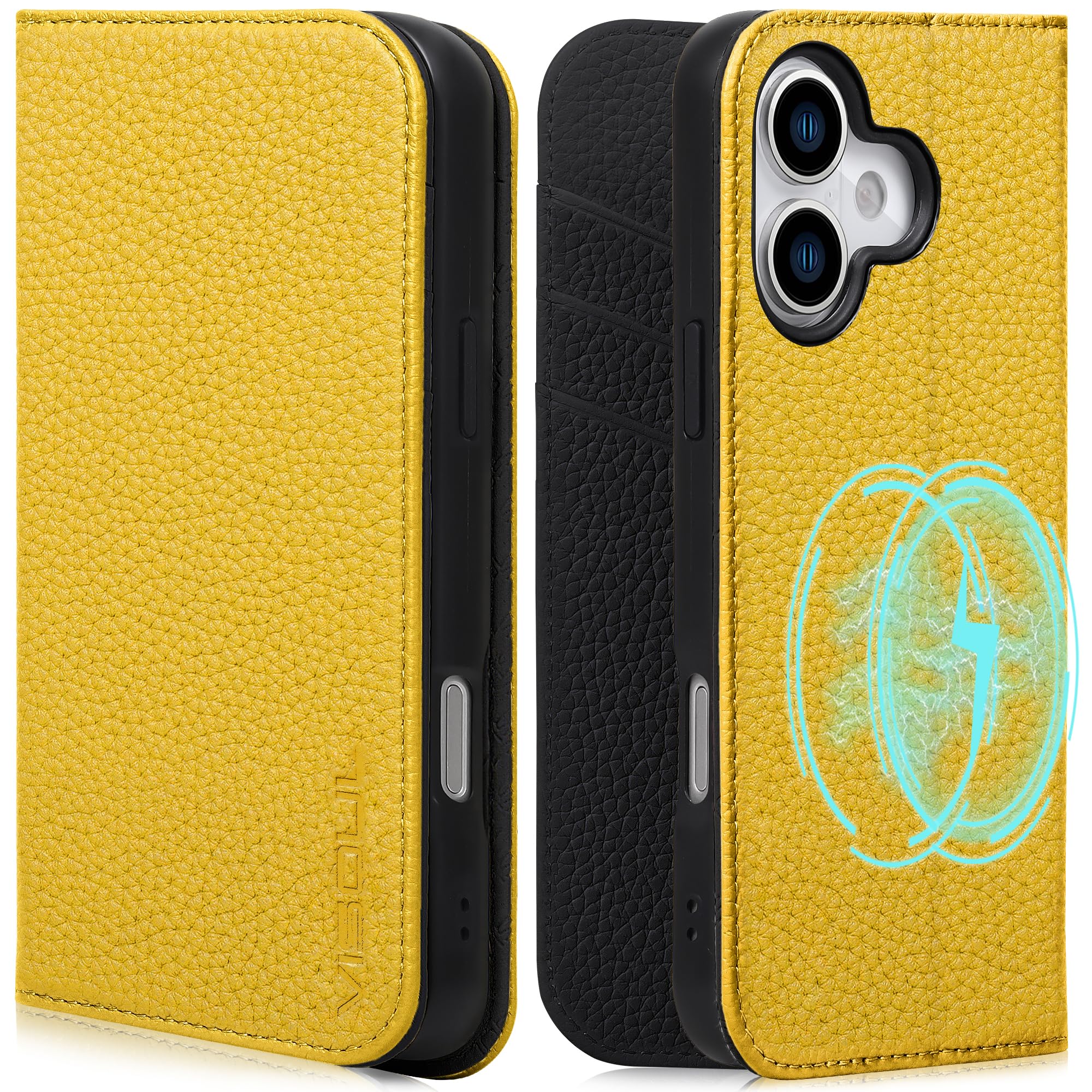 VISOUL iPhone 17 対応 ケース 手帳型 本革 アイフォン17 手帳型ケース MagSafe対応 スマホケース レザー カード収納 携帯カバー 横置きスタンド機能付き マグネット式 全面保護 柔軟なTPU素材 アイホン17 イェロー・ブラック