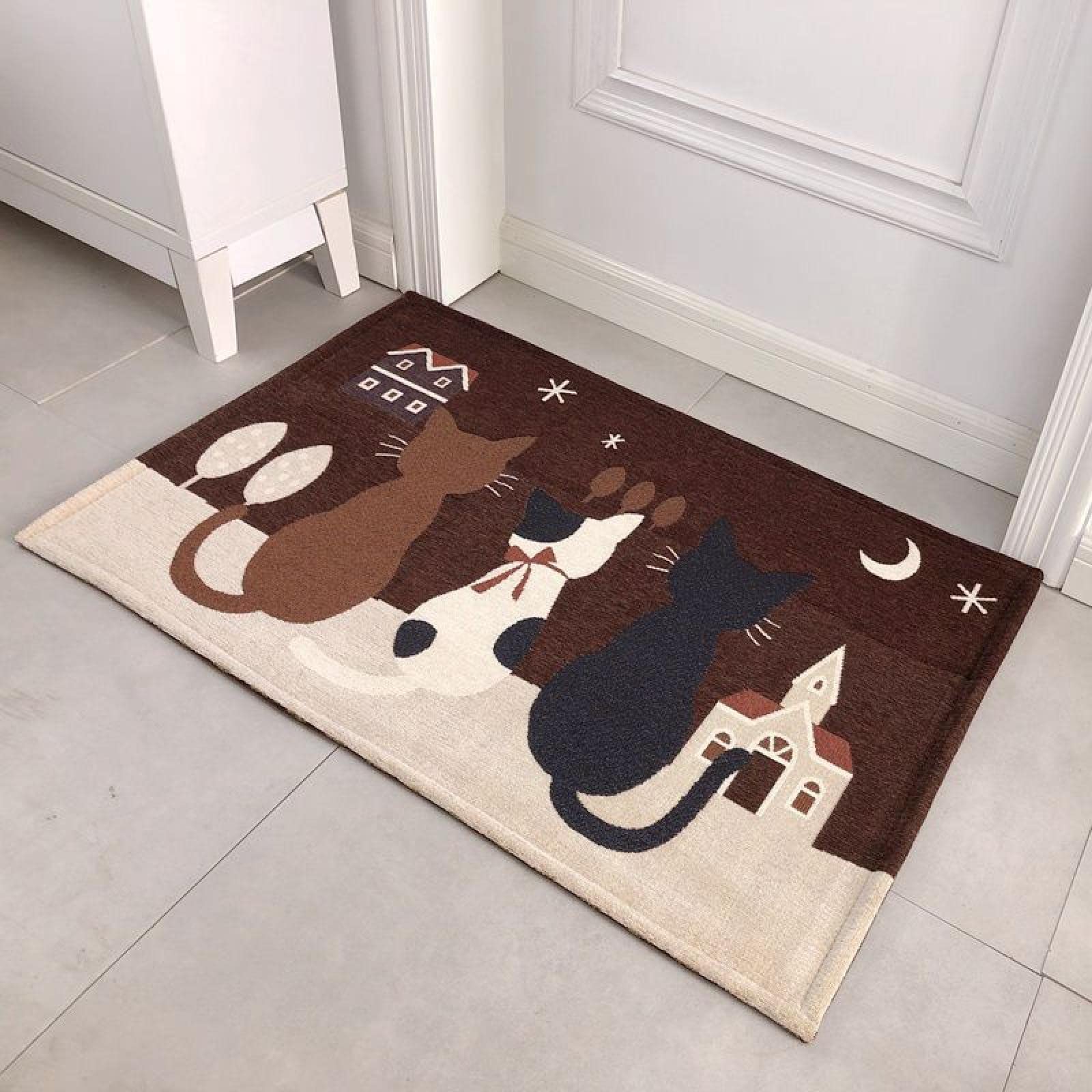 玄関マット ねこ柄 ラグマット 猫柄 室内 屋内 おしゃれ かわいい カーペットリビング対応 キッチンマット 洗面所マット 玄関まっと 洗える すべり止め 耐磨耗性 滑り止 50x80cm モカ