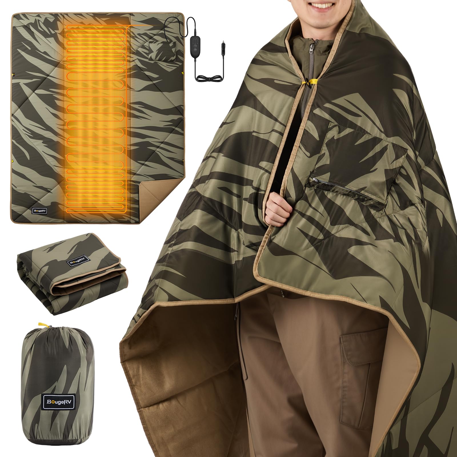 【冷え対策＆アプリ遠隔操作】BougeRV 12V電気毛布 180×130cm 電気ブランケット 敷き掛け兼用 5段階温度調整 10時間タイマー 高温保護 切り忘れ防止タイマー付き アプリ対応 肩掛け 膝掛け シングル テント・車中泊・キャンプ用品対応（緑