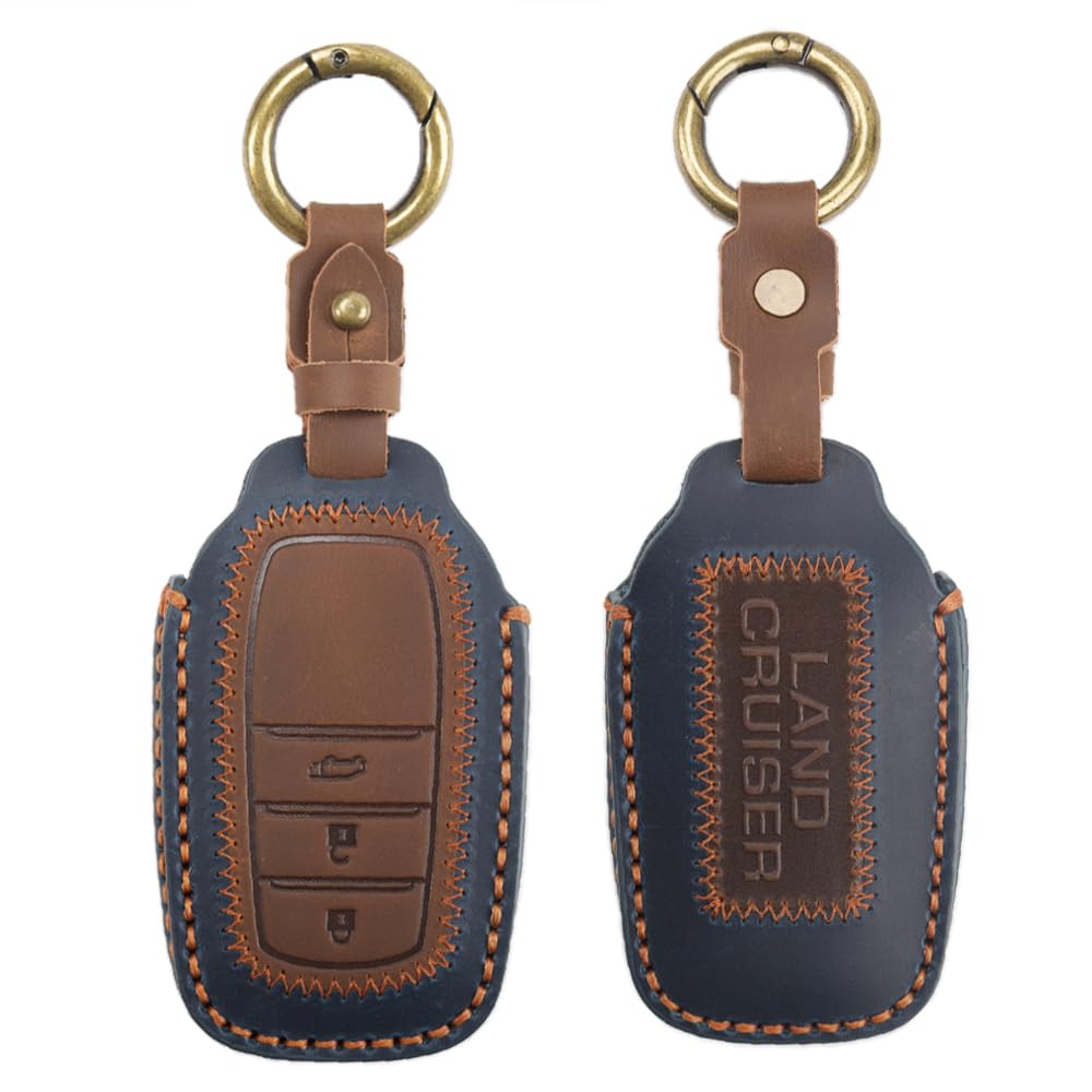 SAWAKAKI トヨタ 新型 ランドクルーザー 250系 専用 キーケース スマートキーカバー キーホルダー 3ボタン ロゴ付き レザー製 キーホルダー付き 落下防止（ブルー）