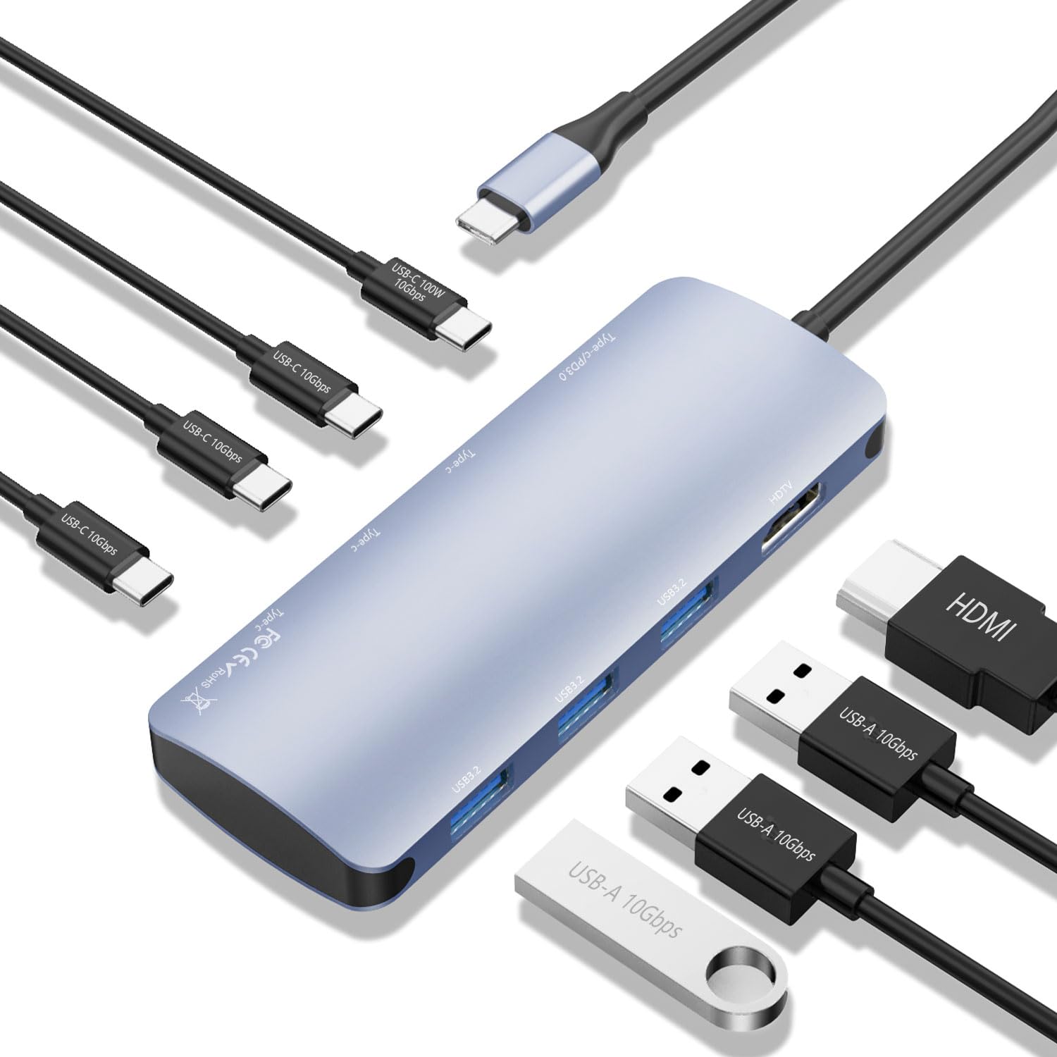 USB-C ハブ 8-in-1 (4K@60Hz HDMI 搭載)、3 USB-C 3.2 Gen2 10Gbps ポート、3 USB A 3.2 10Gbps ポート、100W 電力供給 (10Gbps データ付き)、MacBook Proとその他の T