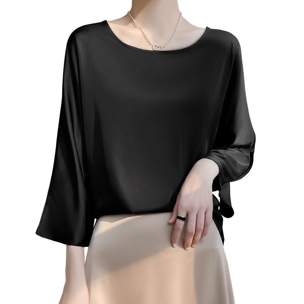 [Bidason] ブラウス レディース シャツ 七分袖 とろみ トップス クールネック プルオーバー 薄手 サテン 光沢感 高見え ゆったり 体型カバー 着痩せ 無地 シンプル 着回し力 普段着 夏