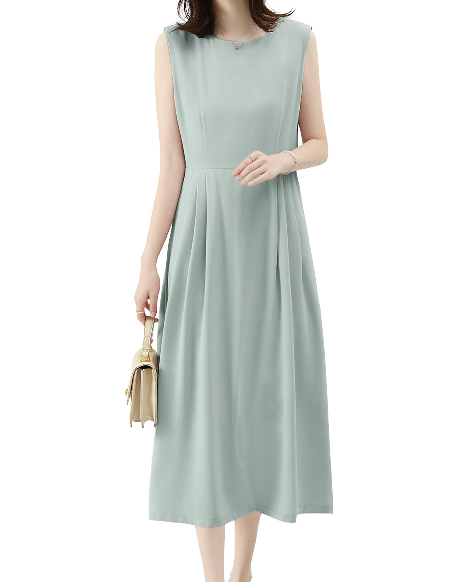 [Bidason] ワンピース レディース ロング ノースリーブ 涼しげ エレガント 無地 シンプル 大人 おしゃれ ゆる感 体型カバー 裏地付き ファスナー 着やすい 普段着 カジュアル 通勤 夏