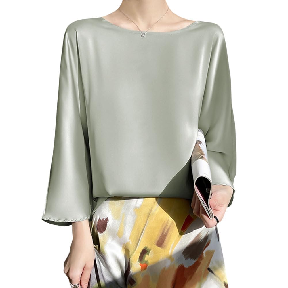 [Bidason] ブラウス レディース シャツ 七分袖 とろみ トップス クールネック プルオーバー 薄手 サテン 光沢感 高見え ゆったり 体型カバー 着痩せ 無地 シンプル 着回し力 普段着 夏