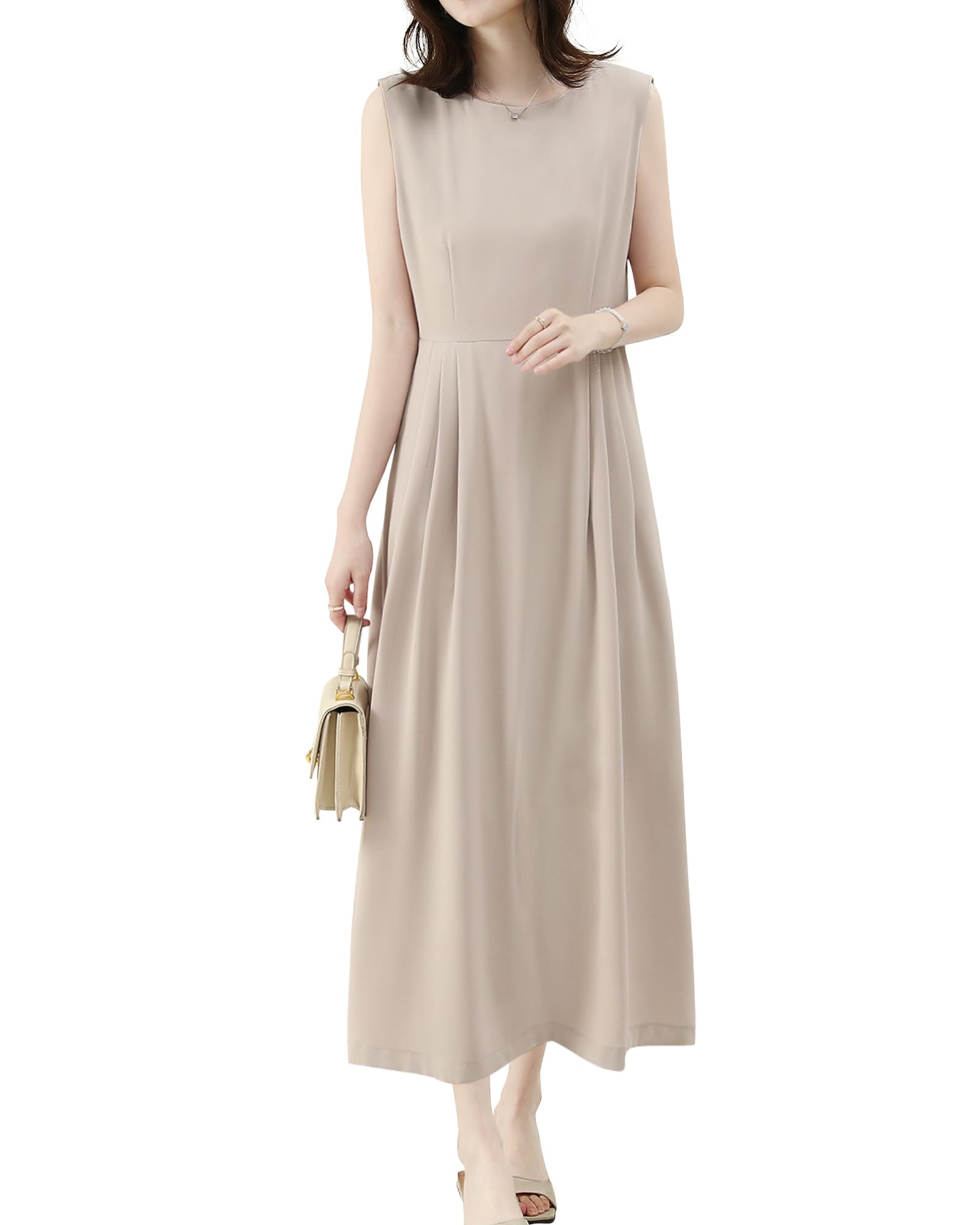 [Bidason] ワンピース レディース ロング ノースリーブ 涼しげ エレガント 無地 シンプル 大人 おしゃれ ゆる感 体型カバー 裏地付き ファスナー 着やすい 普段着 カジュアル 通勤 夏