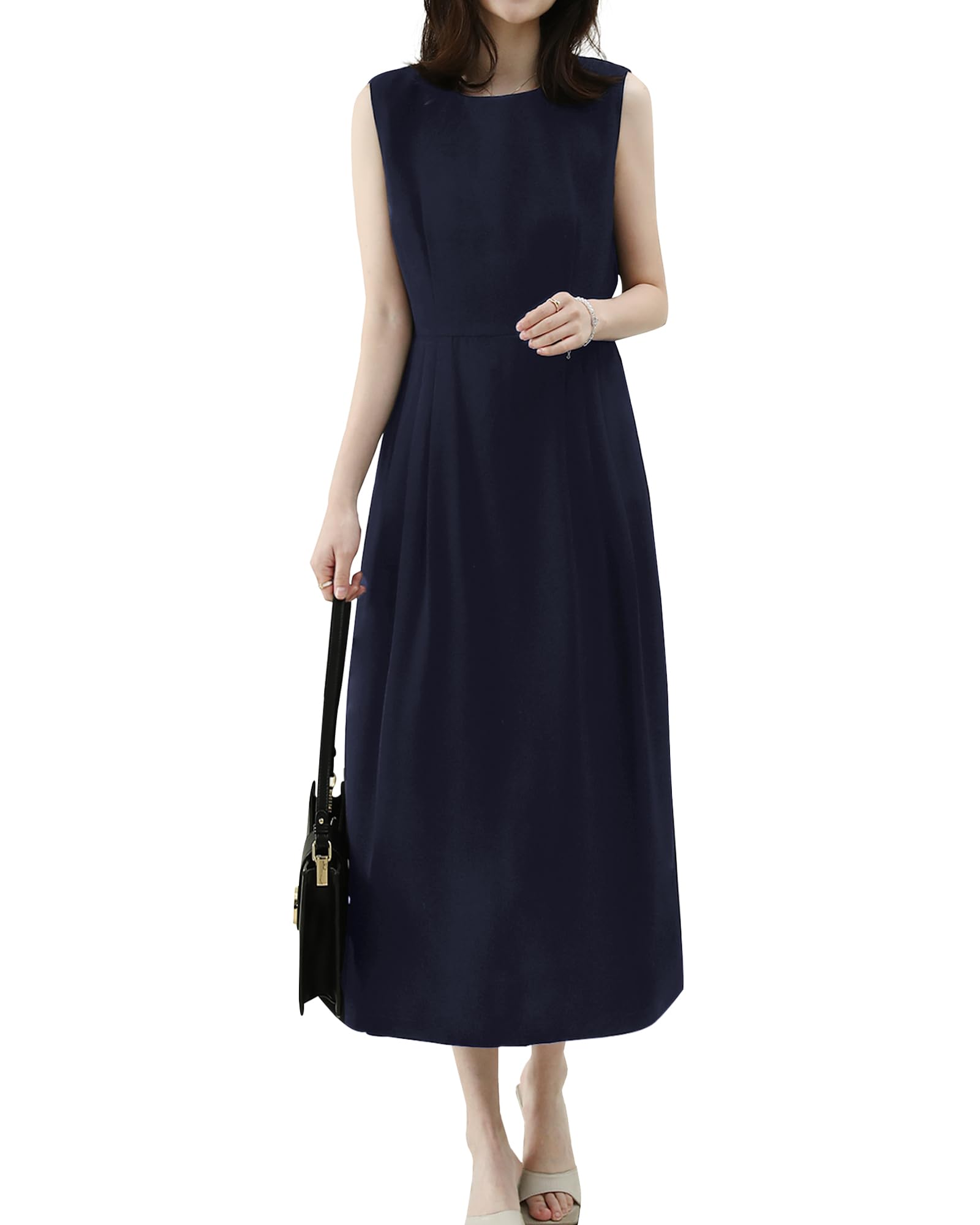 [Bidason] ワンピース レディース ロング ノースリーブ 涼しげ エレガント 無地 シンプル 大人 おしゃれ ゆる感 体型カバー 裏地付き ファスナー 着やすい 普段着 カジュアル 通勤 夏