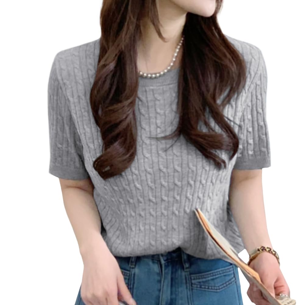 [Bidason] セーター レディース 半袖 サマーニット トップス クールネック コットン 通気 薄手 ケーブル おしゃれ 可愛い 伸縮性 ゆる感 柔らか プルオーバー カットソー 普段着 通勤 夏