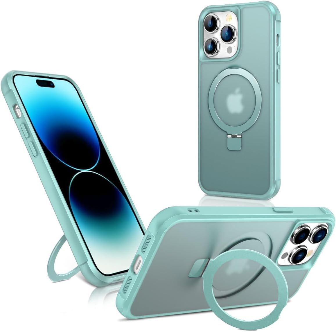 Rakuten - 360スタンド iPhone 14 Pro ケース MagSafe対応 マグネット搭載 半透明 アイフォン14プロ スマホカバー 隠しリンク付き 360°回転スタンド ストラップホール付き カメラ保護 カバー 耐衝撃 軽量 薄型 おしゃれ, 薄ブルー