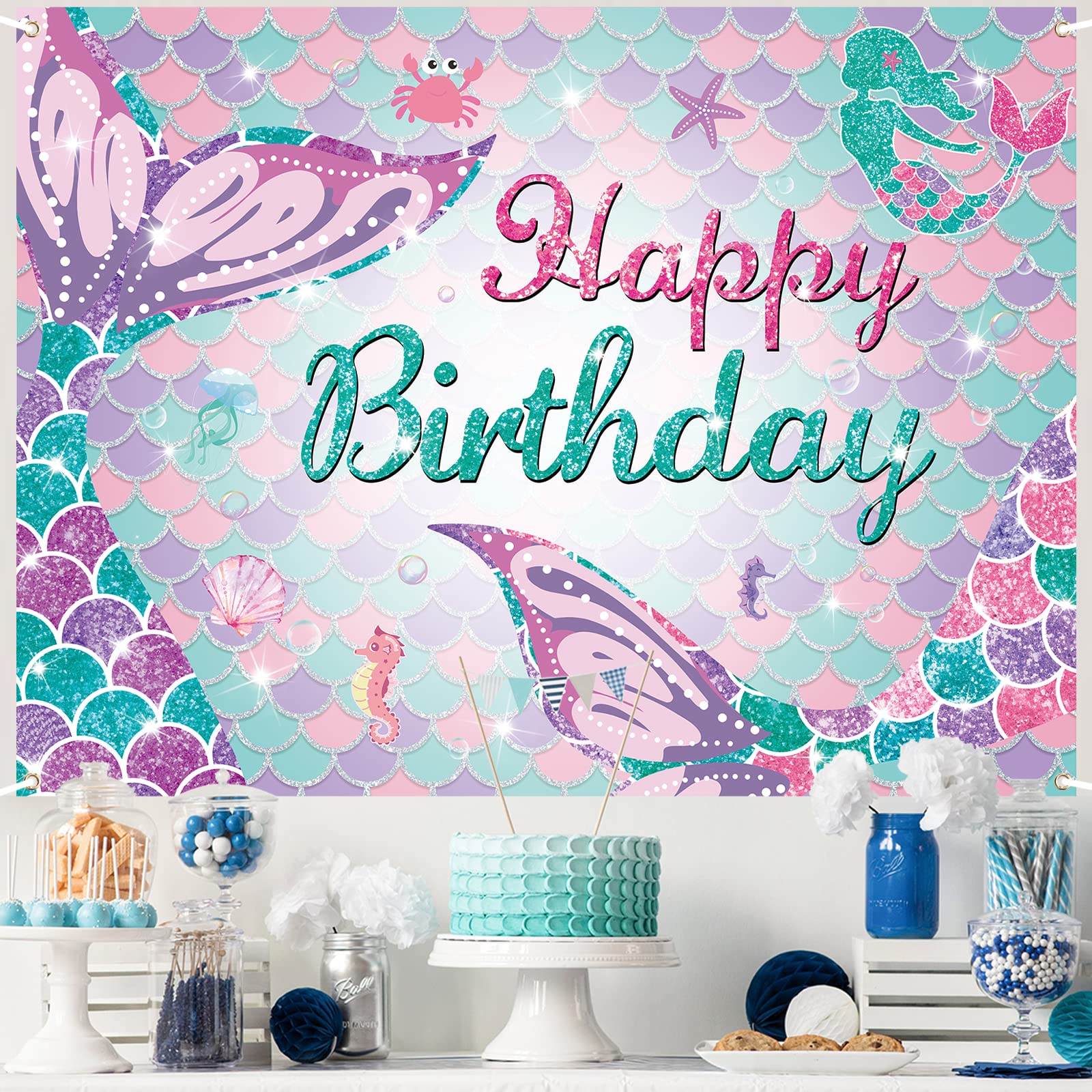 Paready バースデー タペストリー 誕生日 飾り付け 壁掛け フォトポスター 写真背景 壁 飾り Happy Birthday シンプル おしゃれ 装飾 デコレーション パーティー お祝い 女の子 男の子 135*100cm 人魚