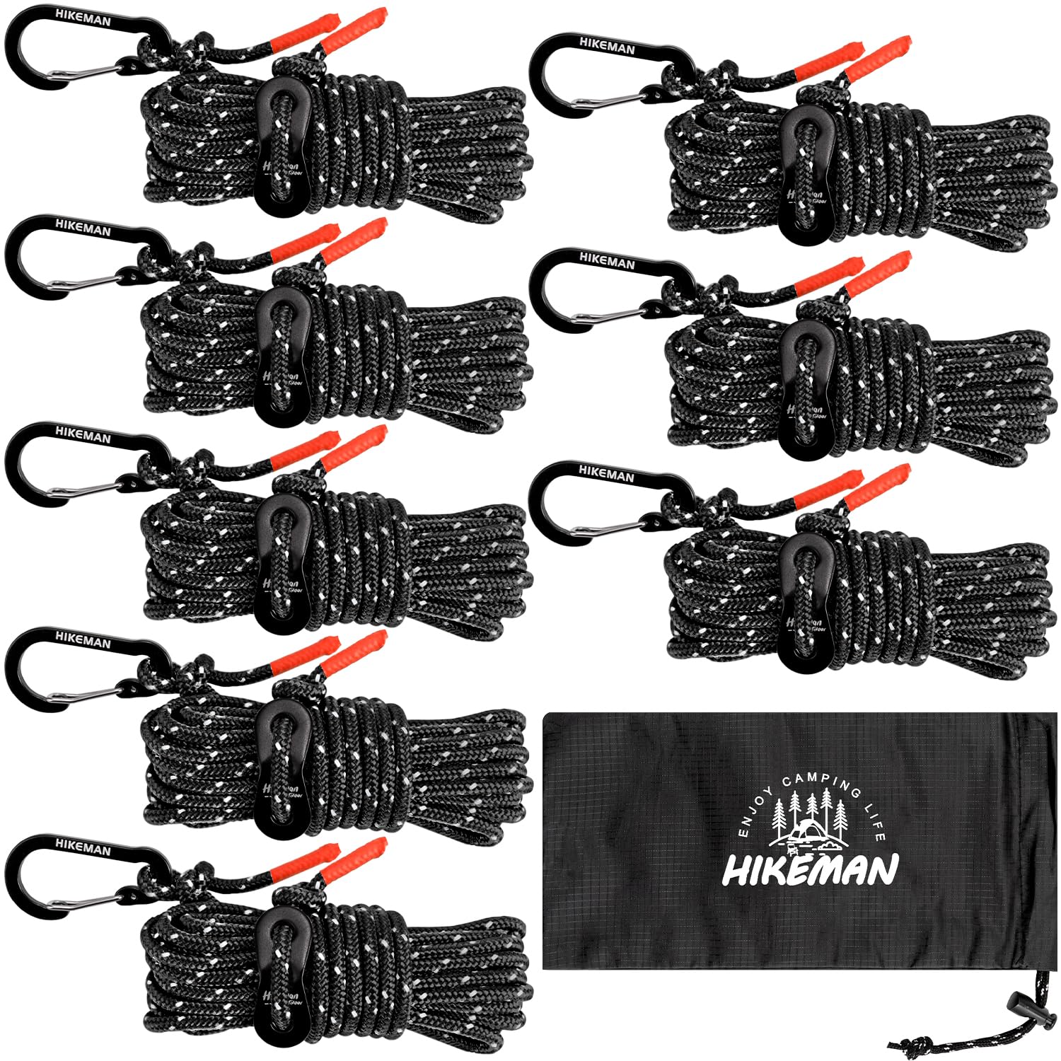 楽天Mr HedgeHogガイロープ タープロープ テントロープ キャンプ ロープ カラビナ付き ロープ 100％ナイロン製 高耐荷重 350kg以上 反射 頑丈 おしゃれ アウトドア用 （ブラック8個入り, 直径4mm）