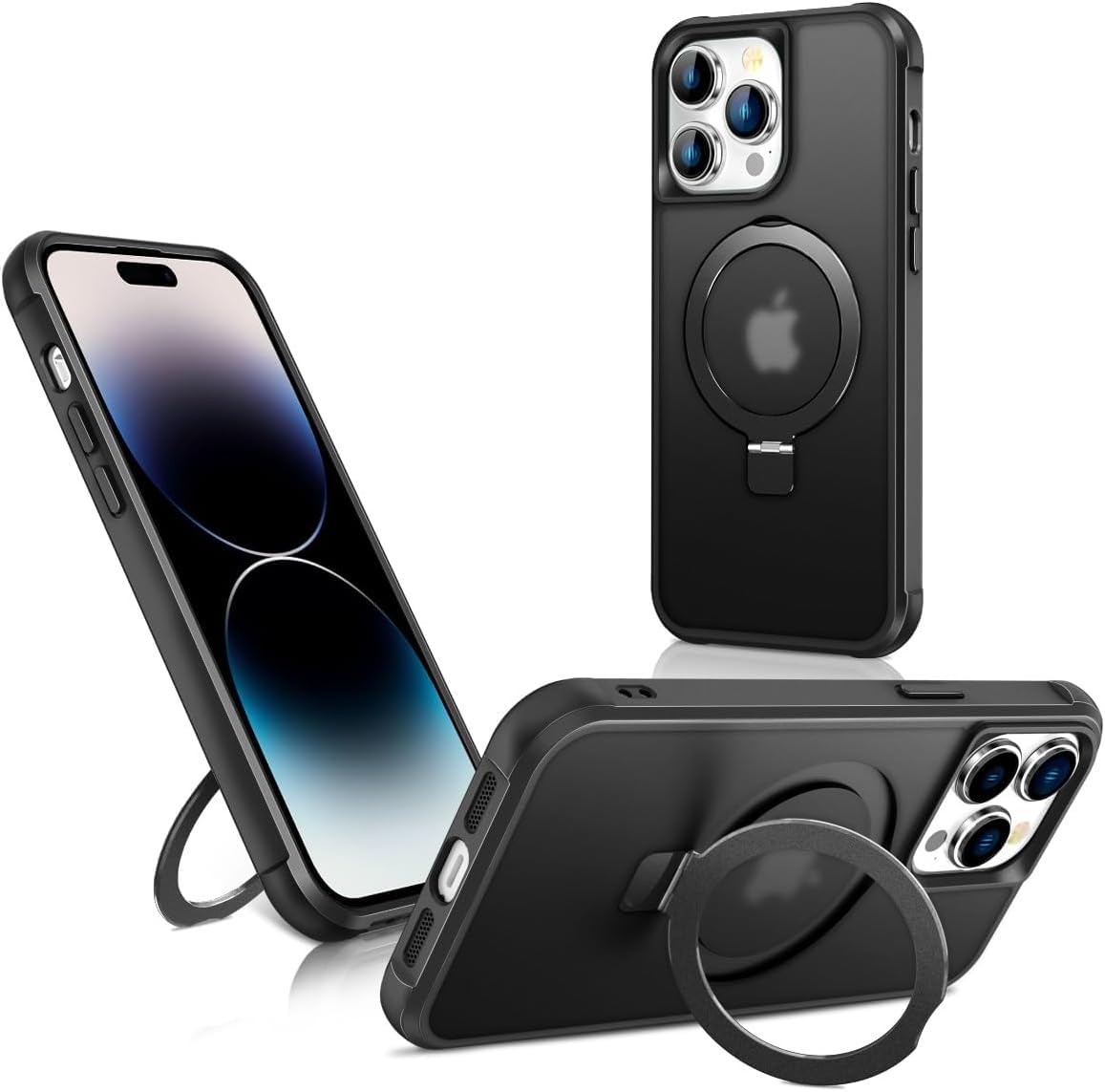 Rakuten - 360スタンド iPhone 15 Plus ケース MagSafe対応 マグネット搭載 半透明 アイフォン15 プラス スマホカバー 隠しリンク付き 360°回転スタンド ストラップホール付き カメラ保護 カバー 耐衝撃 軽量 薄型 おしゃれ, ブラック