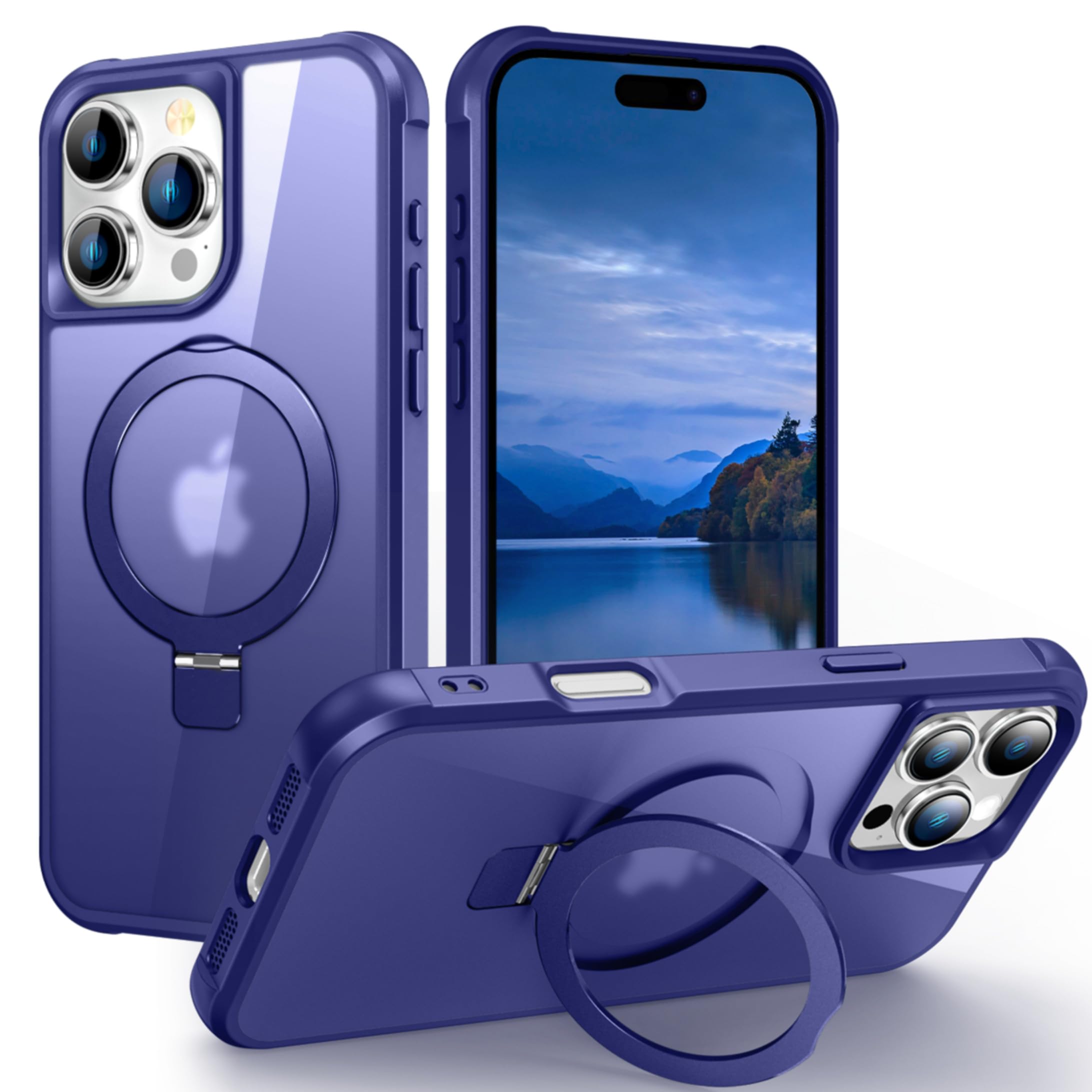 Rakuten - 360スタンド iPhone 16 Pro Max ケース MagSafe対応 マグネット搭載 半透明 アイフォン16プロマックス スマホカバー 隠しリンク付き 360°回転スタンド ストラップホール付き カメラ保護 カバー 耐衝撃 軽量 薄型 おしゃれ,