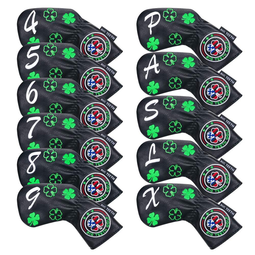 Big Teeth(ビッグティース) ゴルフアイアンカバー ヘッドカバー セット 11枚入り（4～9、P、A、S、L、X）番号刺繍 ロングネック エラスティック開閉 クローバー刺繍 合成レザー ブラック