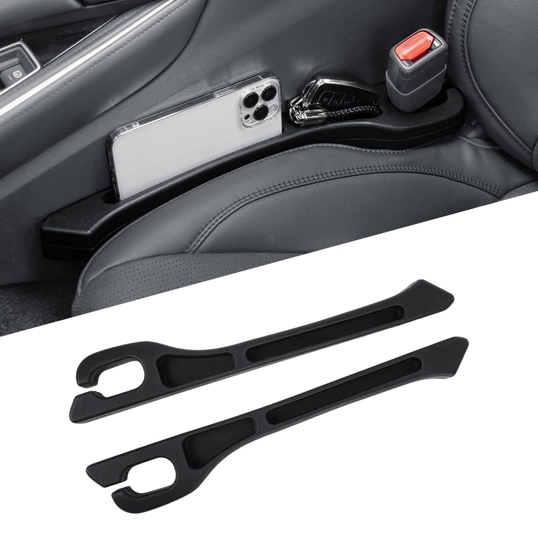 Rakuten - 全車種対応 車 隙間埋め クッション 落下防止 収納機能付き 厚型 大部分の車に対応 カー シートサイド クッション 正・裏面取付可能 取付簡単 コンソール 隙間 puレザー カー用品 内装パーツ 運転席+助手席 2本入り(ブラック,ロゴ無し)