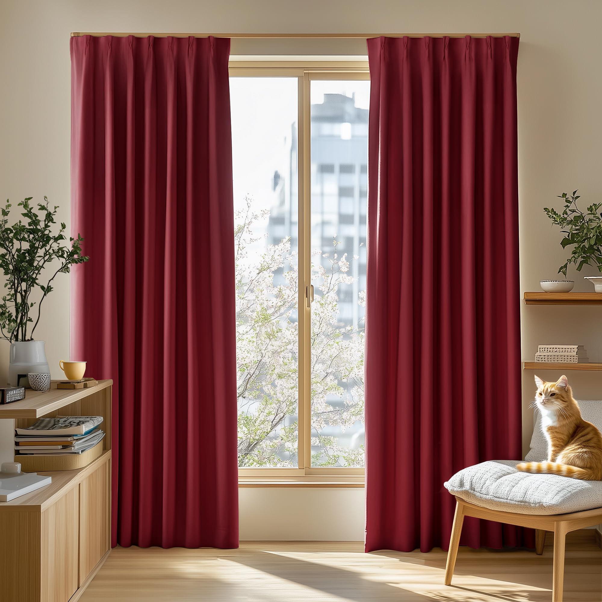 Rakuten - Deconovo カーテン 1級遮光 2枚組 幅100×丈178cm 厚手 ドレープ 形態記憶 洗濯OK UVカット 日本JSL認証 遮光率99.99% 昼夜の視線対策 省エネ 寝室 リビング用 アジャスターフック対応 レッド