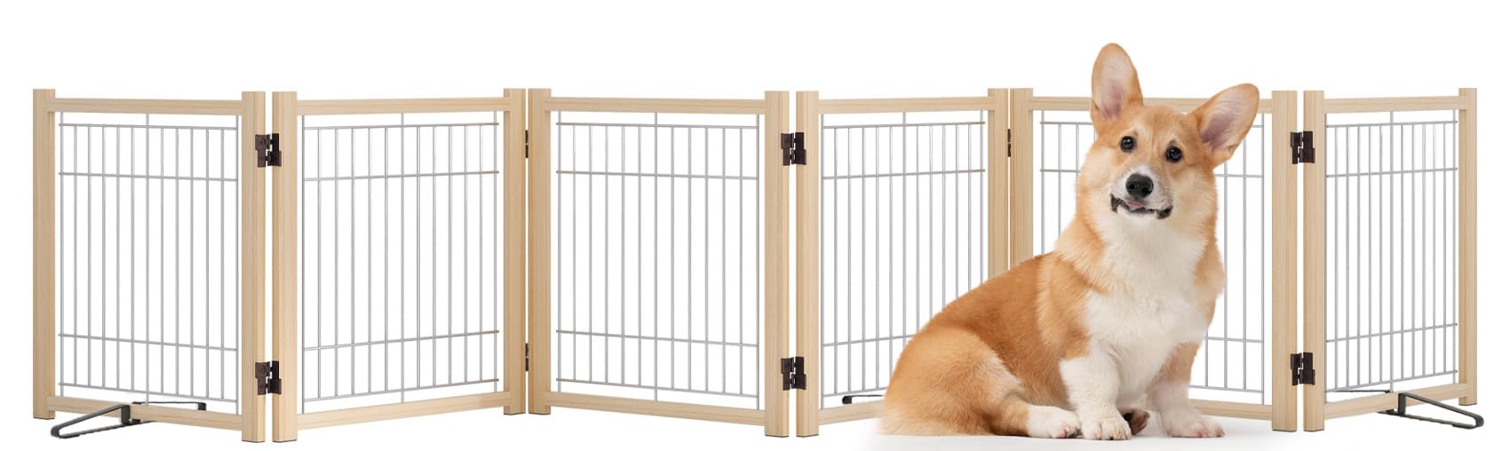 YOCAN ペットゲート ペットフェンス 高さ43cm 幅351cm ペットサークル 木製犬用ゲート 置くだけ 折りたたみ ついたて ペット 倒れない 飛び出し 脱走防止 中小型犬用 6枚パネル