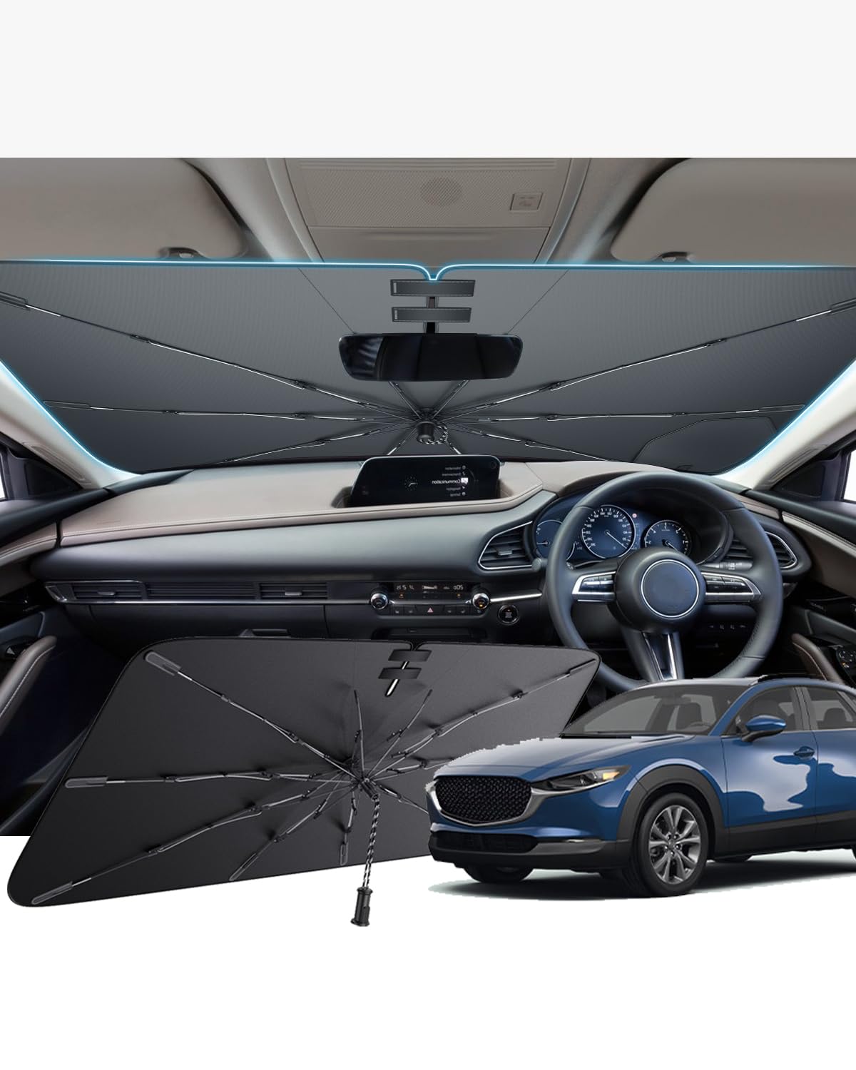 Rakuten - 【GAFAT】改良型 マツダ CX-30 DM系専用 傘型 サンシェード フロントガラス用 cx30 車用サンシェード 中棒なし カーシェード DMEP/DMEJ3P/DM8P/DMFP型 アクセサリー 引き紐傘柄 吸盤 強化10本骨 フロント ルームミラ