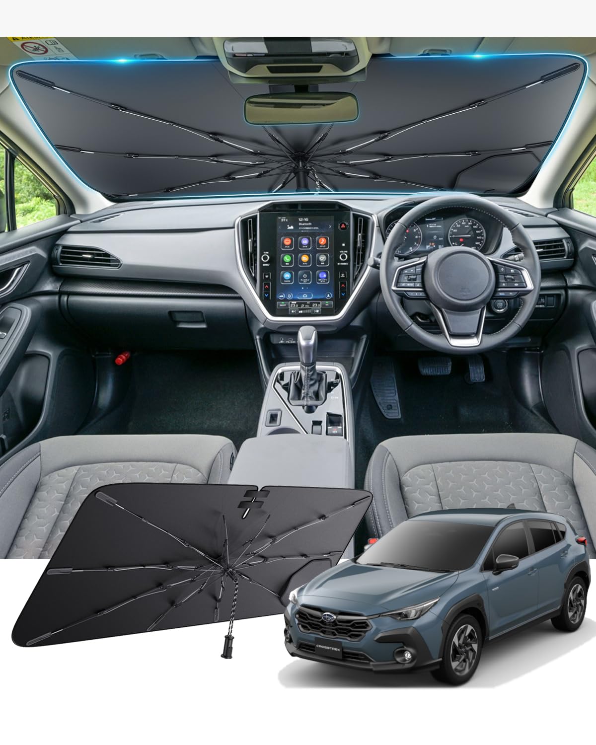 Rakuten - 【GAFAT】スバル クロストレック・・系専用 サンシェード 傘式 R4~現行 パラソル クロストレック gu 車用傘型サン シェ ード 吸盤 棒なし クロストレックカーシェード 傘 ワンタッチサンシェード フロントガラス用 引き紐傘柄 収納ポーチ付き 強